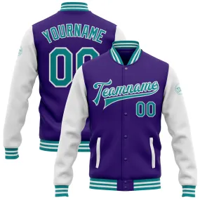 Custom Purple Teal-White Bomber Full-Snap Varsity Letterman Two Tone Jacket