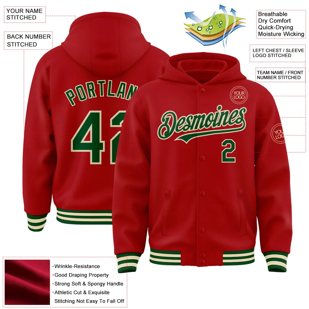 Custom Red Green-Cream Bomber Full-Snap Varsity Letterman Hoodie Jacket