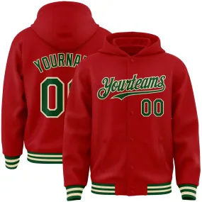 Custom Red Green-Cream Bomber Full-Snap Varsity Letterman Hoodie Jacket