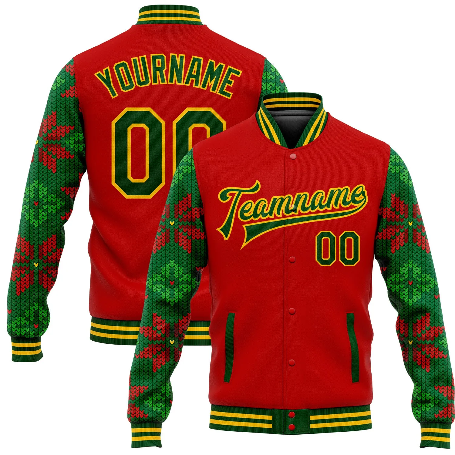 Custom Red Green-Gold Christmas 3D Bomber Full-Snap Varsity Letterman Jacket