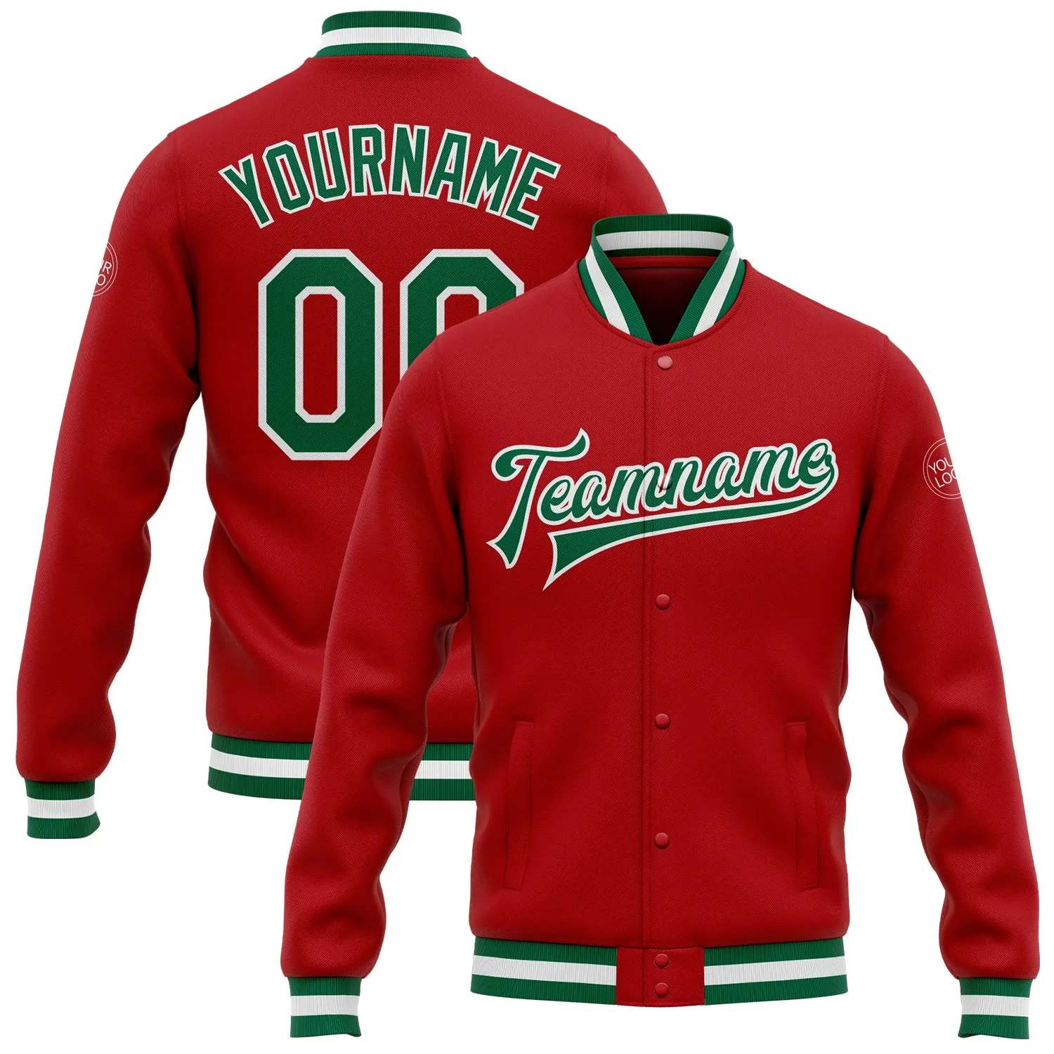 Custom Red Kelly Green-White Bomber Full-Snap Varsity Letterman Jacket