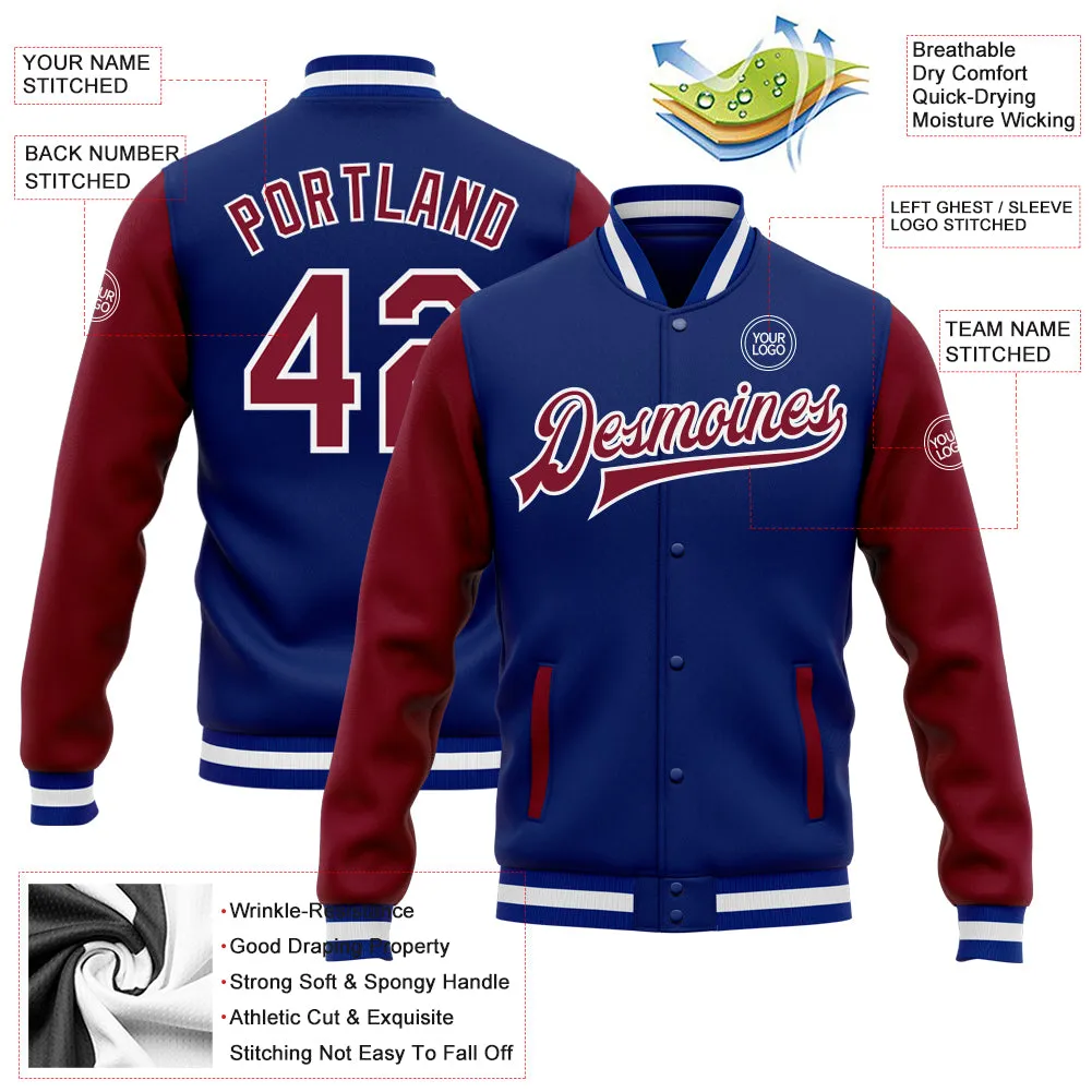 Custom Royal Crimson-White Bomber Full-Snap Varsity Letterman Two Tone Jacket