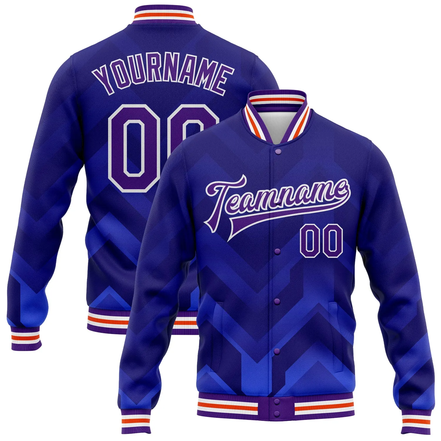 Custom Royal Purple-Orange 3D Pattern Design Bomber Full-Snap Varsity Letterman Jacket