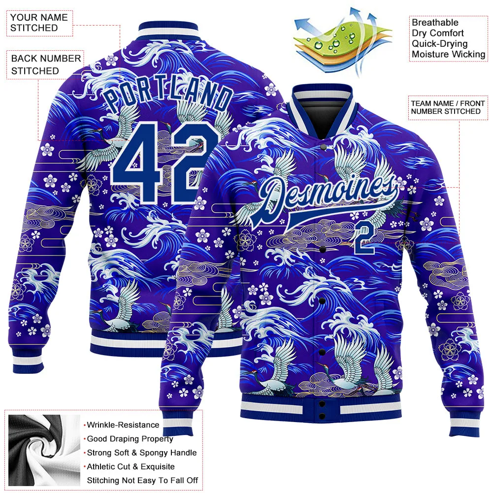 Custom Royal White Heron  And Wave 3D Pattern Design Bomber Full-Snap Varsity Letterman Jacket