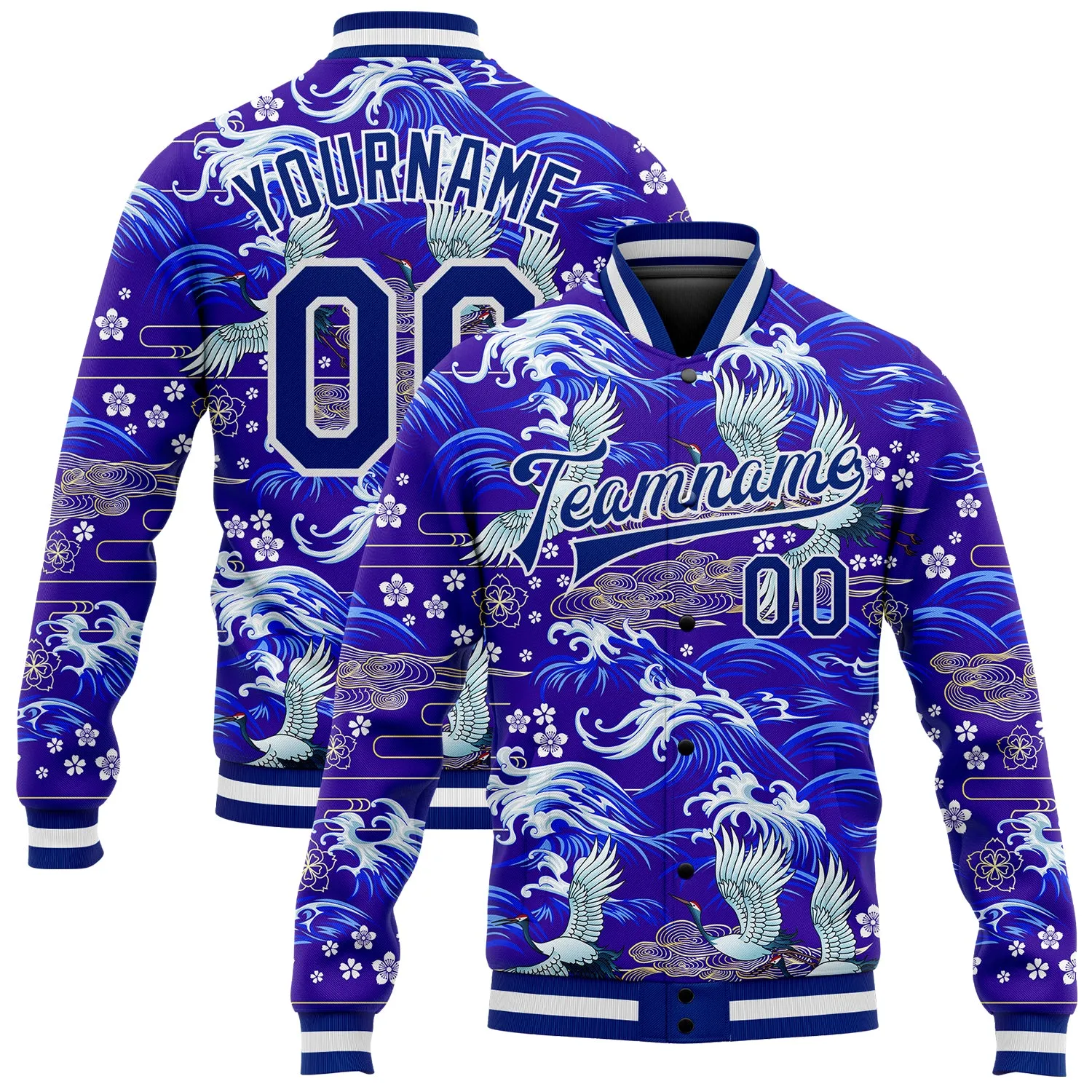 Custom Royal White Heron  And Wave 3D Pattern Design Bomber Full-Snap Varsity Letterman Jacket