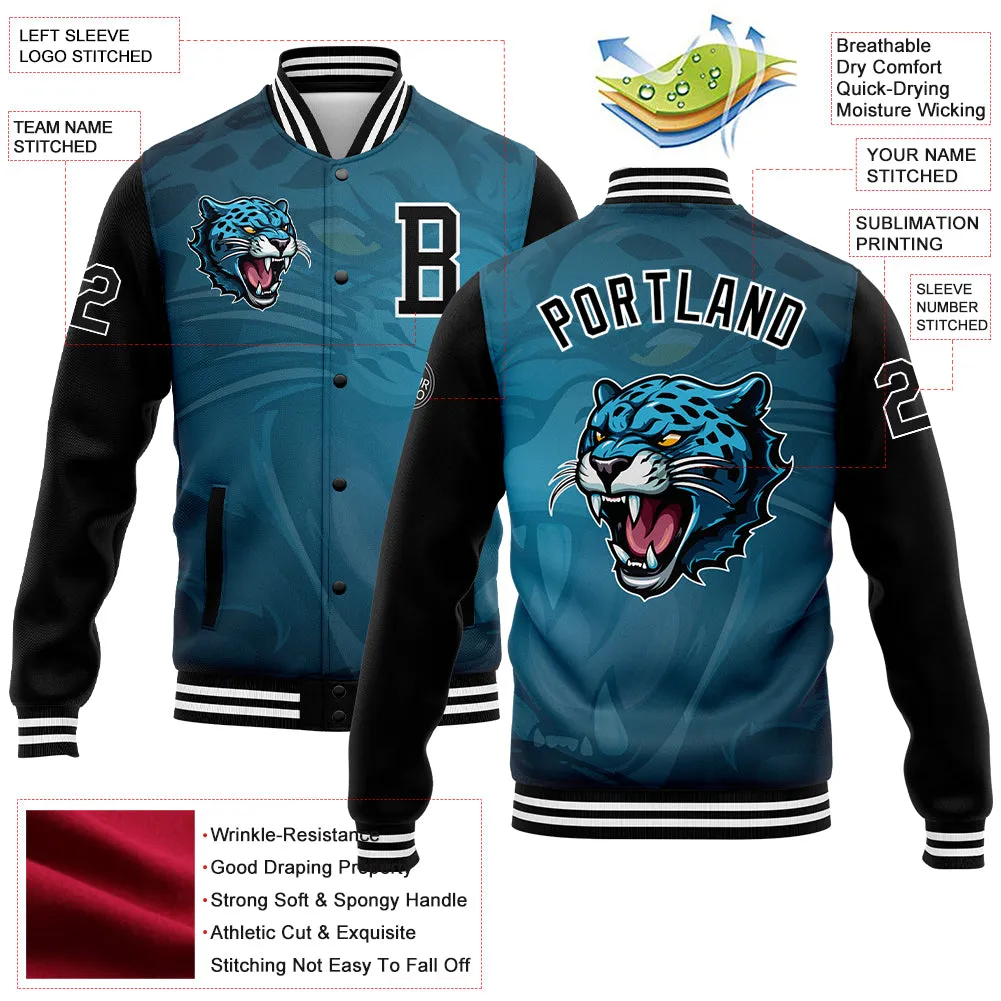 Custom Teal Black-White 3D Pattern Design Bomber Full-Snap Varsity Letterman Jacket