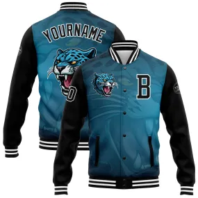 Custom Teal Black-White 3D Pattern Design Bomber Full-Snap Varsity Letterman Jacket