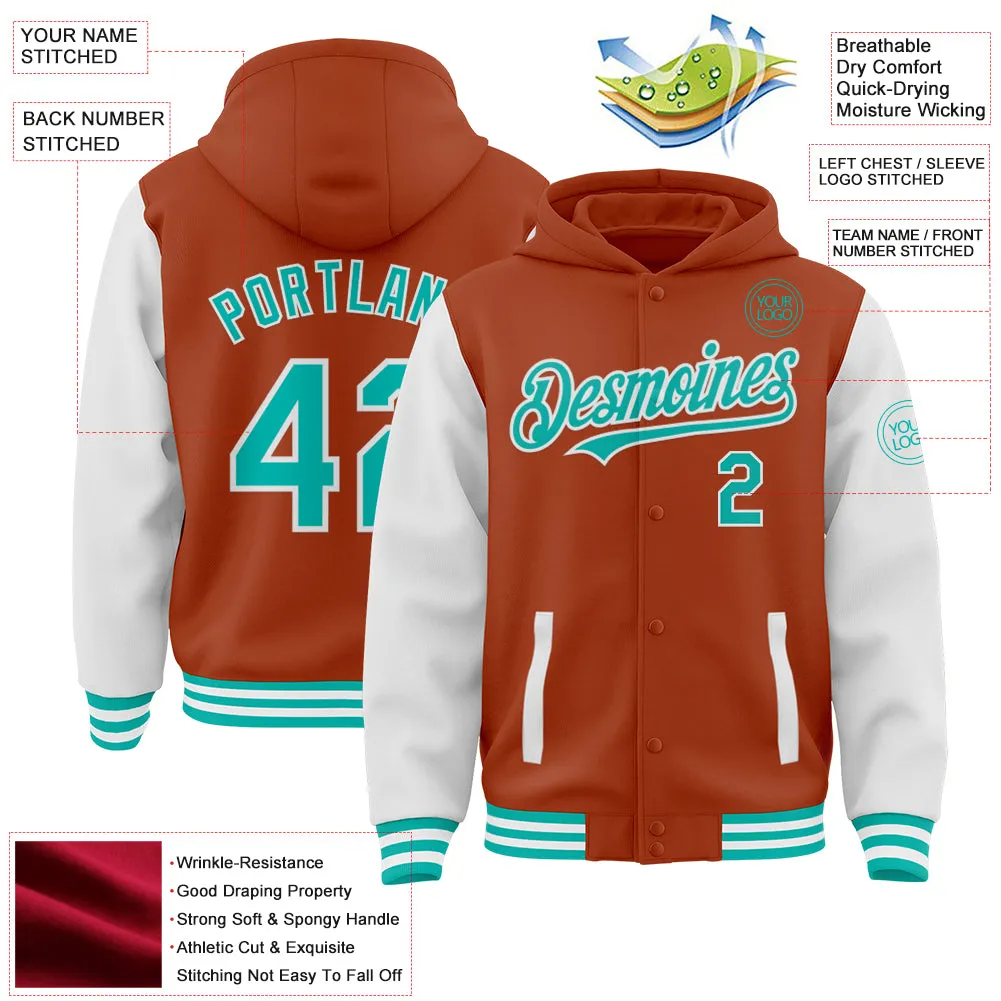 Custom Texas Orange Aqua-White Bomber Full-Snap Varsity Letterman Two Tone Hoodie Jacket