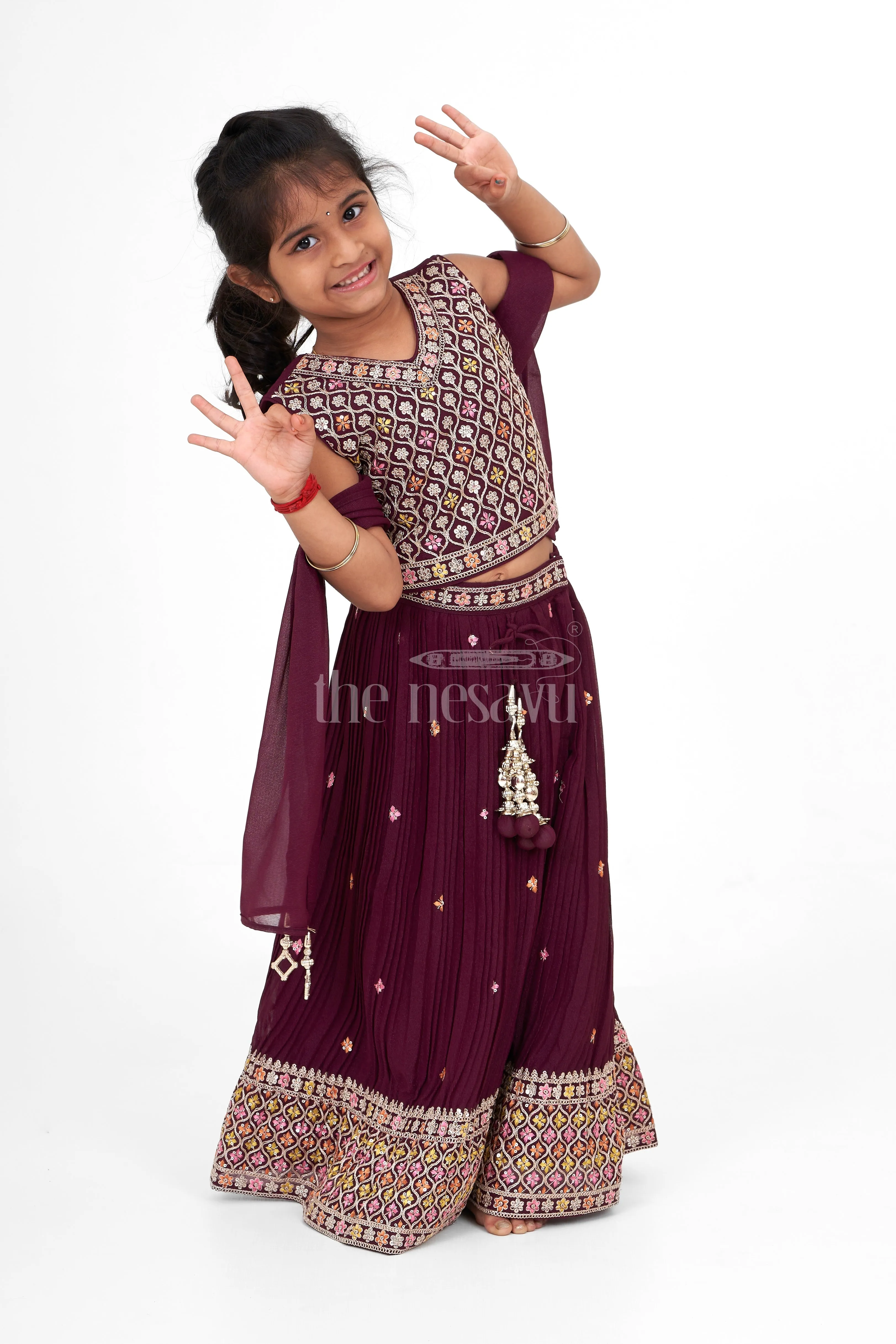 Designer Embroidered Chinon Purple Party Wear Lehenga for Girls in Purple with Intricate Detailing