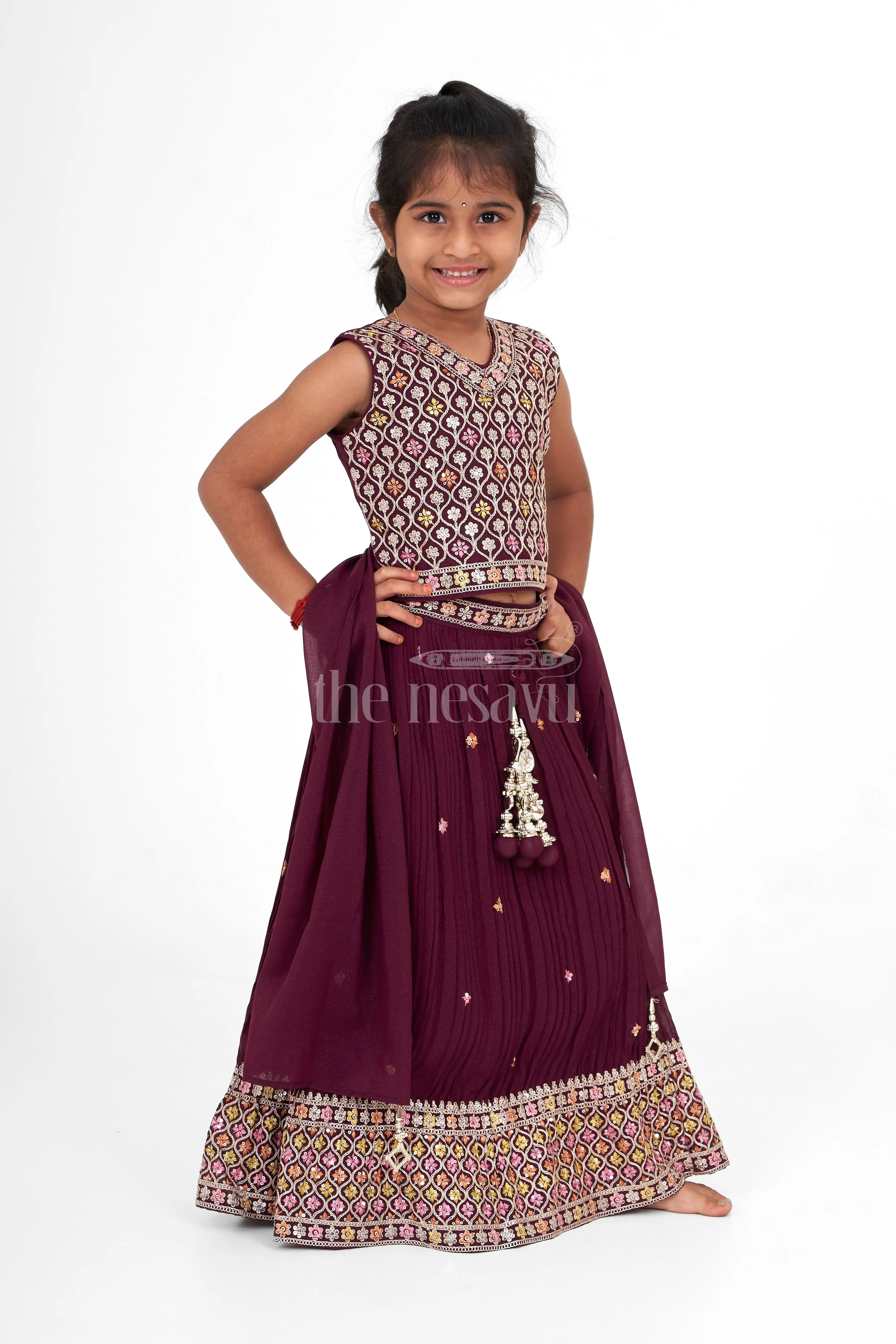 Designer Embroidered Chinon Purple Party Wear Lehenga for Girls in Purple with Intricate Detailing