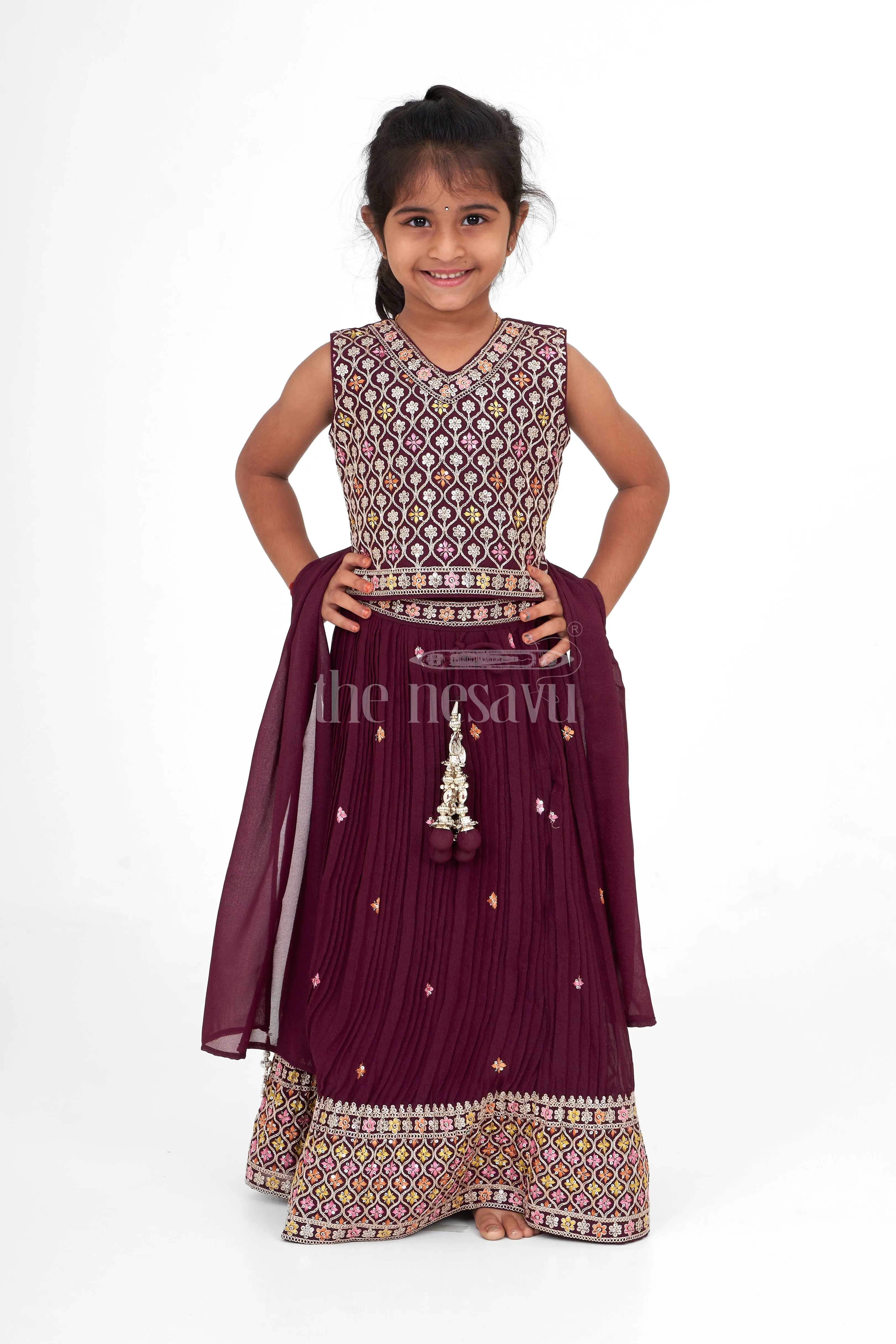 Designer Embroidered Chinon Purple Party Wear Lehenga for Girls in Purple with Intricate Detailing