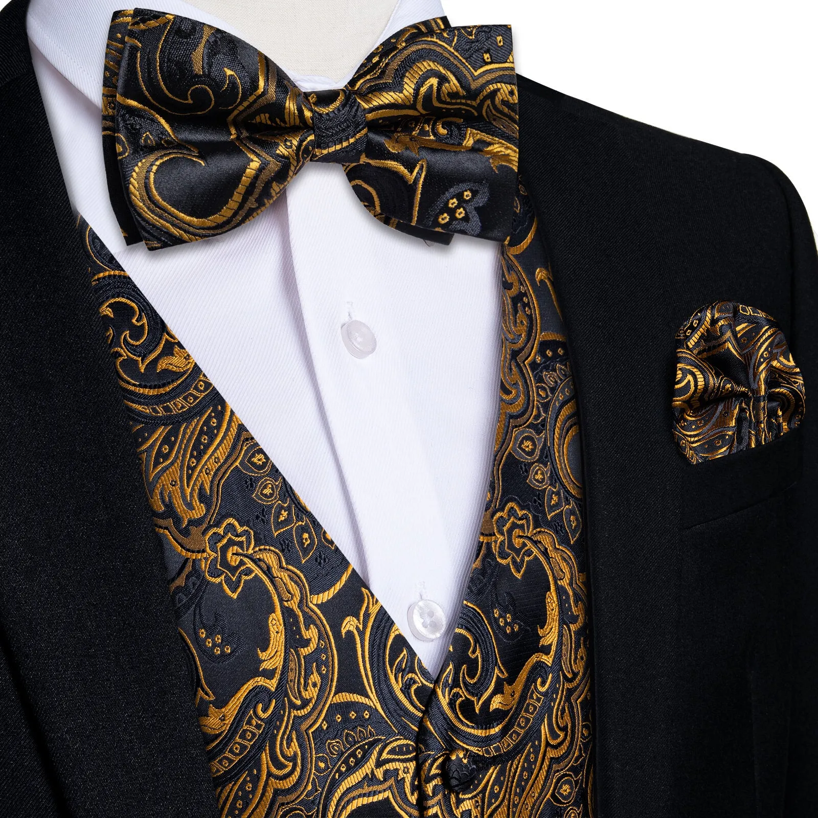 DiBanGu Men's Vest Black Gold Jacquard Floral Silk Vest Bow Tie Set