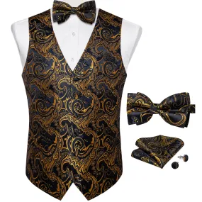 DiBanGu Men's Vest Black Gold Jacquard Floral Silk Vest Bow Tie Set