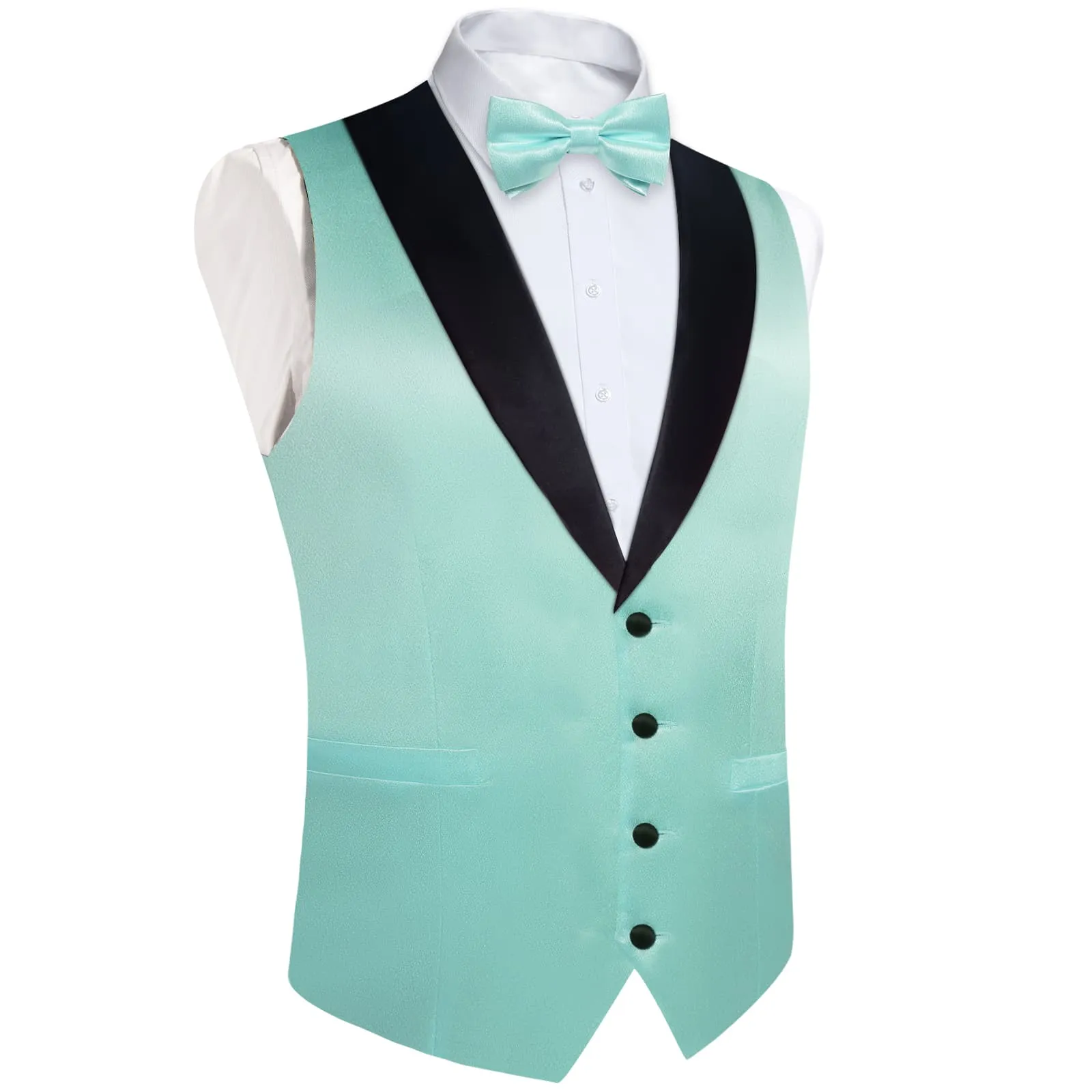 DiBanGu Tuxedo Vest Pearl Aqua Solid Silk Mens Button Dress Casual Vest and Bow Tie Set