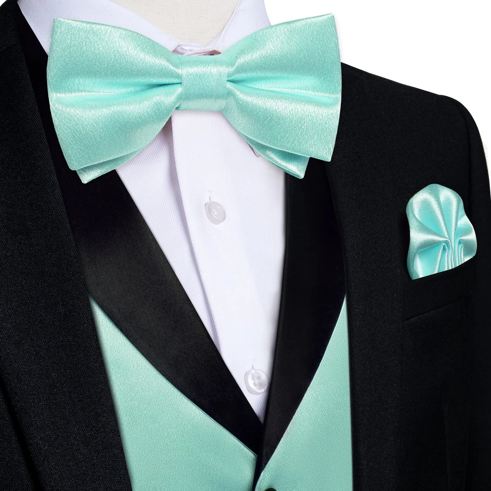 DiBanGu Tuxedo Vest Pearl Aqua Solid Silk Mens Button Dress Casual Vest and Bow Tie Set