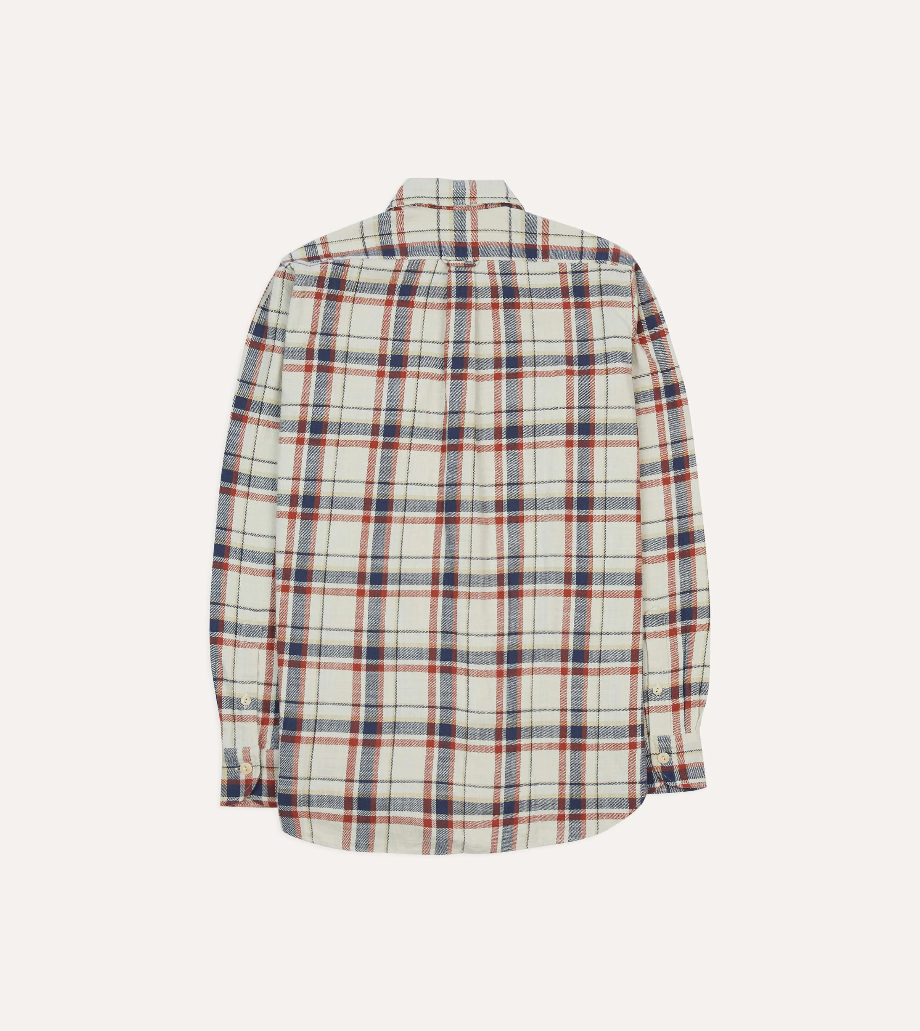 Ecru, Navy and Red Check Slub Cotton Two-Pocket Work Shirt