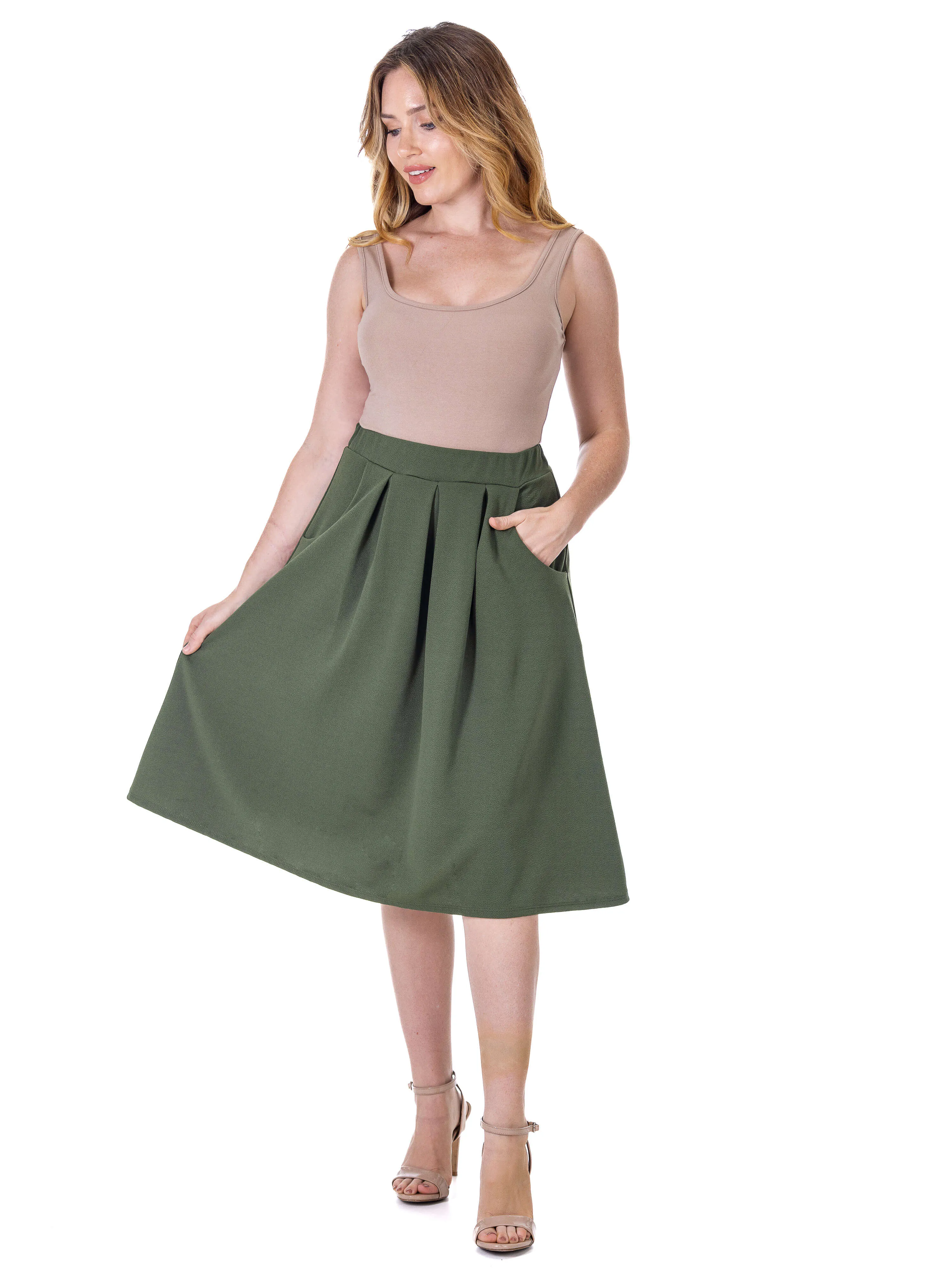 Elastic Waist Pleated Knee Length Pocket Skirt