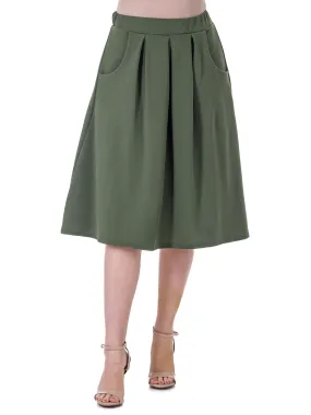 Elastic Waist Pleated Knee Length Pocket Skirt