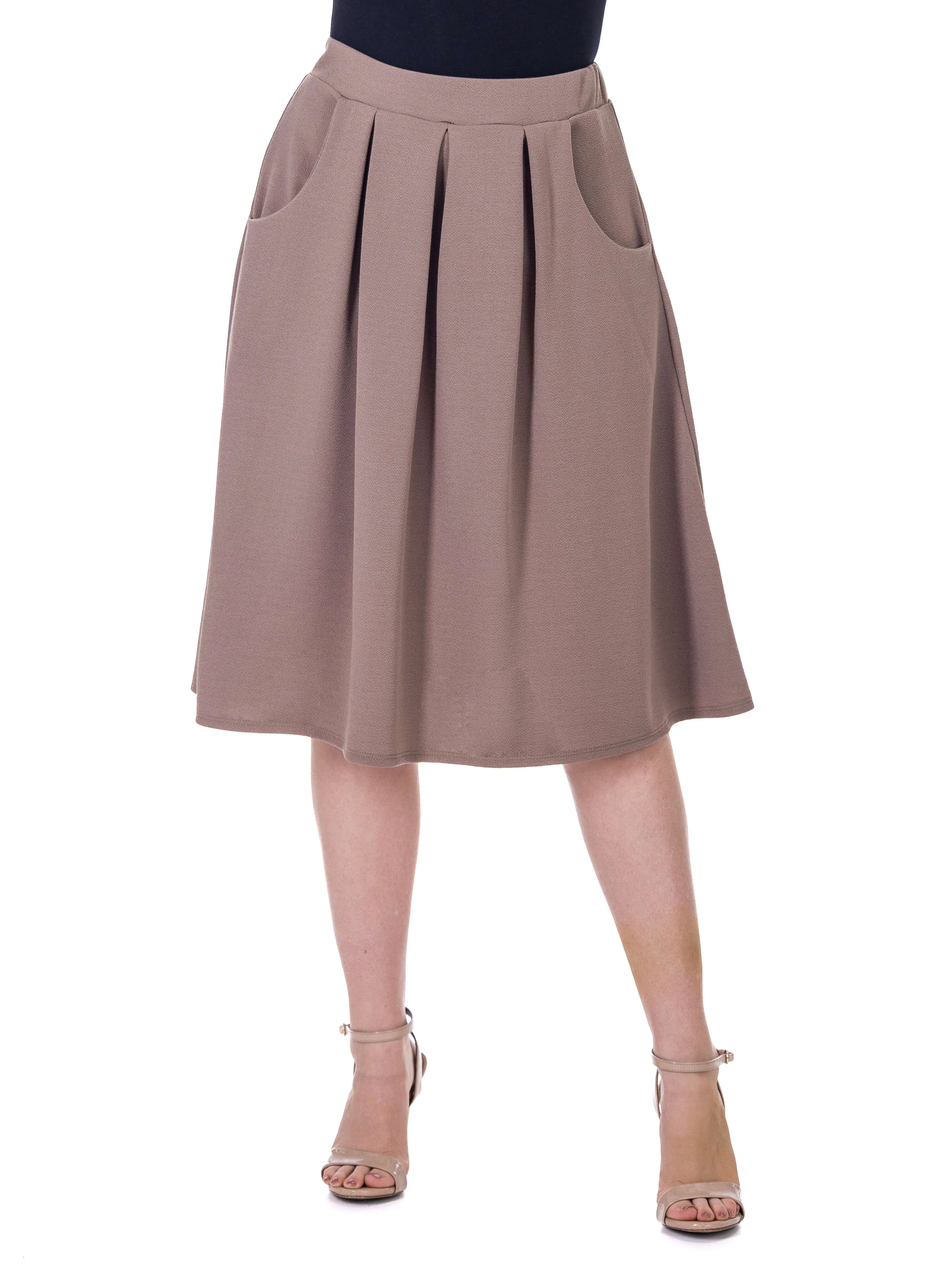 Elastic Waist Pleated Knee Length Pocket Skirt