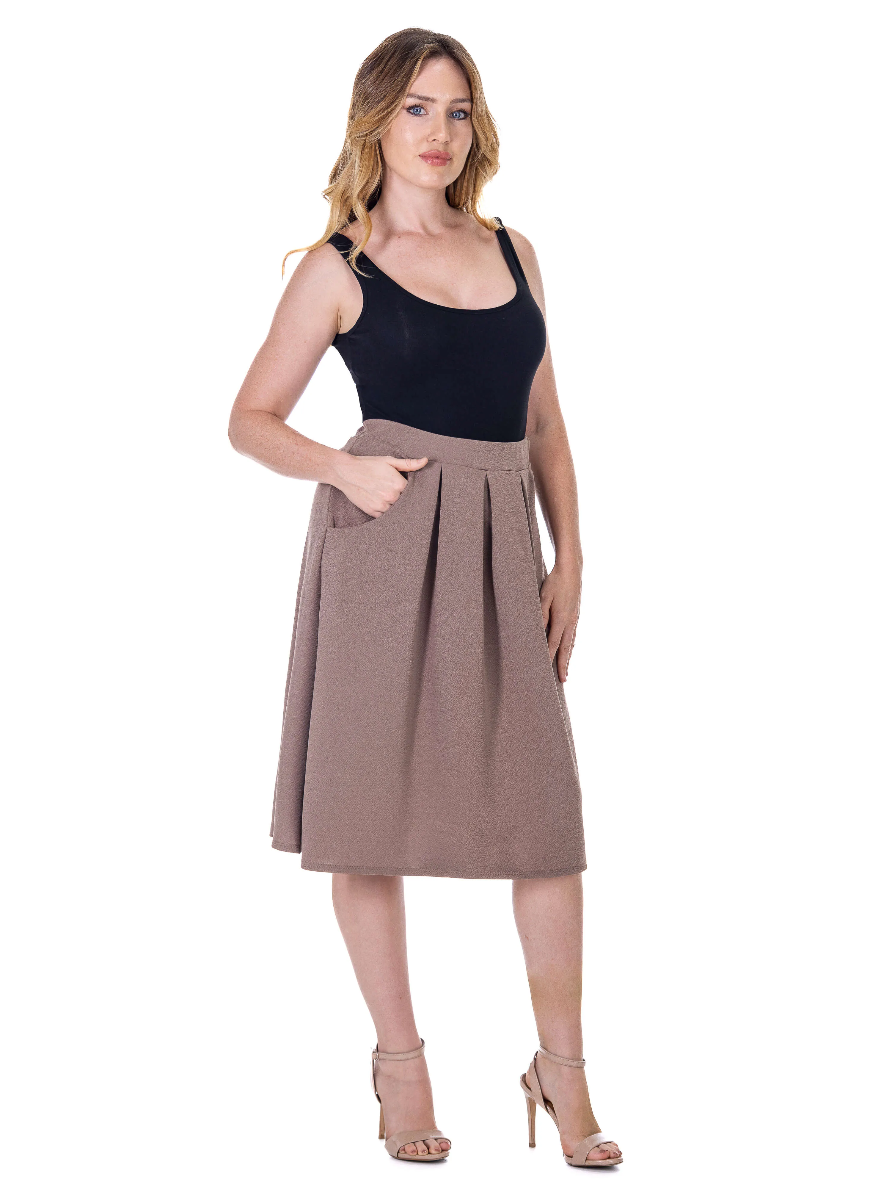 Elastic Waist Pleated Knee Length Pocket Skirt