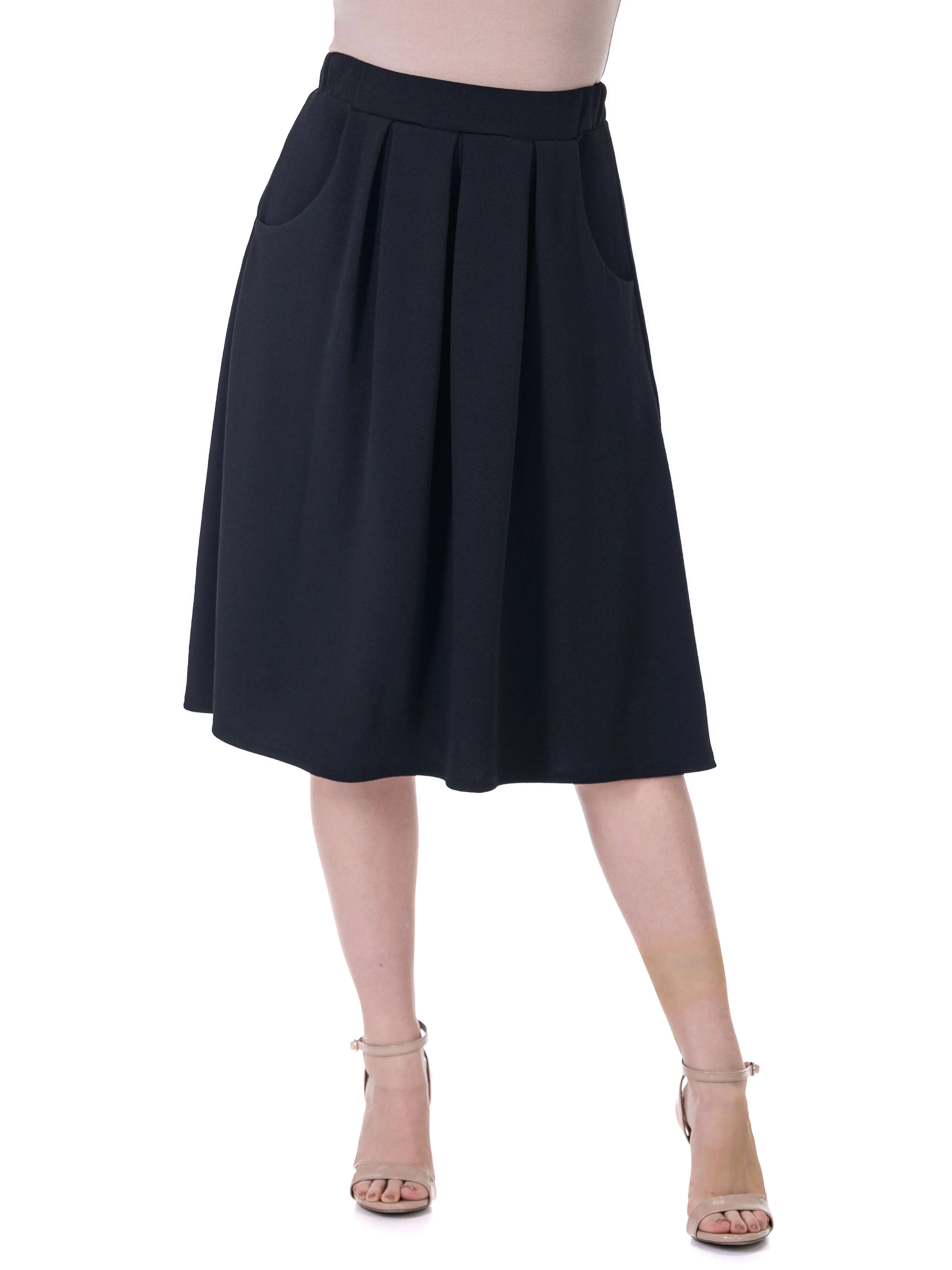 Elastic Waist Pleated Knee Length Pocket Skirt