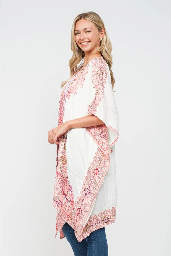 Embroidered Kimono Jacket ~ White & Coral