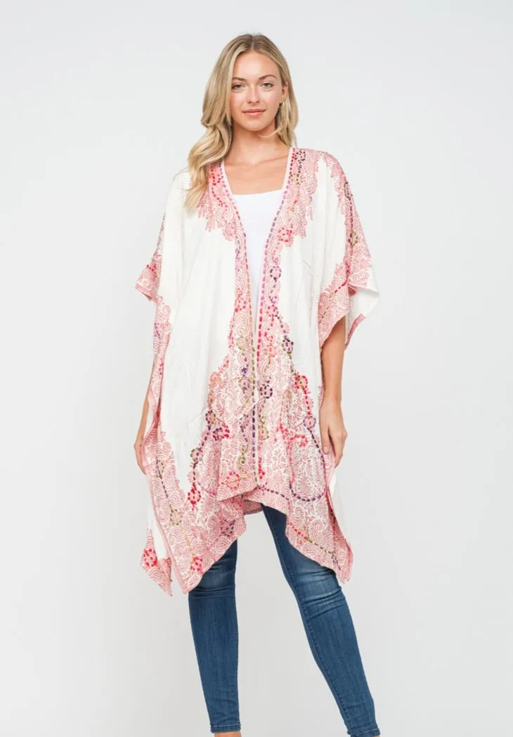 Embroidered Kimono Jacket ~ White & Coral