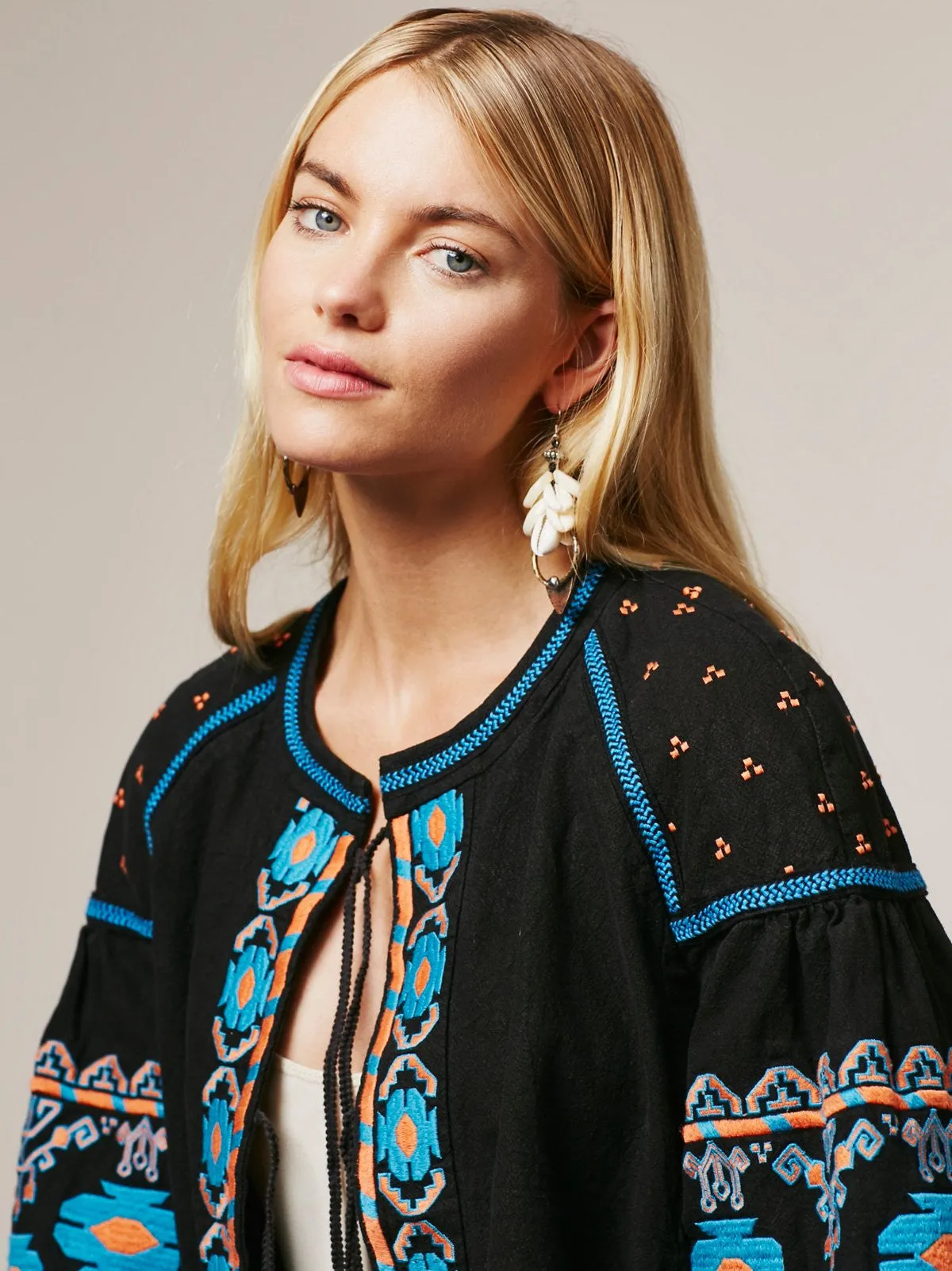 Embroidered Swingy Jacket With Lantern Sleeves Boho Black Turquoise & Orange Embroidery Puffed Sleeves Peasant Top Small Medium Or Large