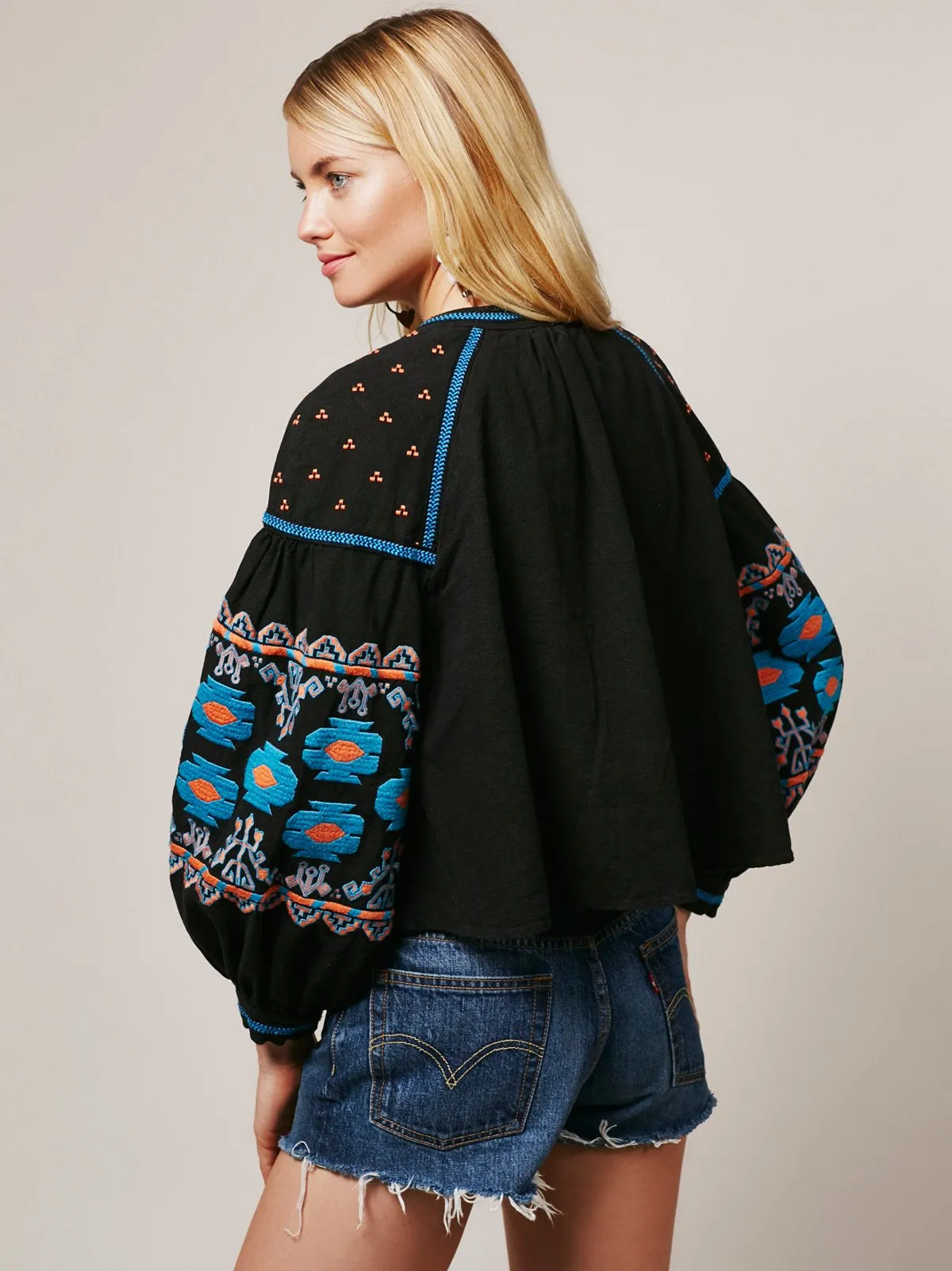 Embroidered Swingy Jacket With Lantern Sleeves Boho Black Turquoise & Orange Embroidery Puffed Sleeves Peasant Top Small Medium Or Large