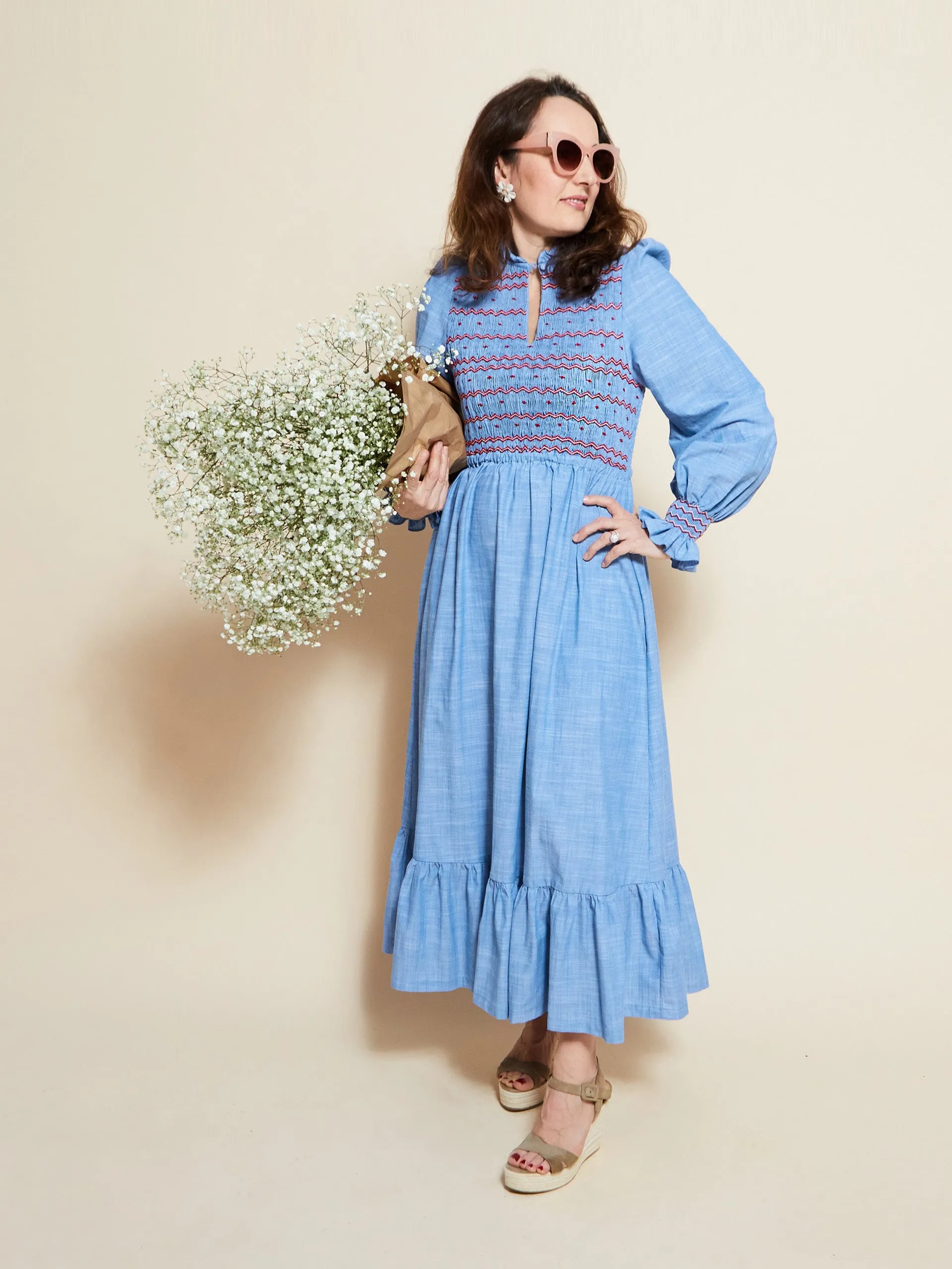 Emmeline pankhurst dress chambray with strawberries and cream hand smocking