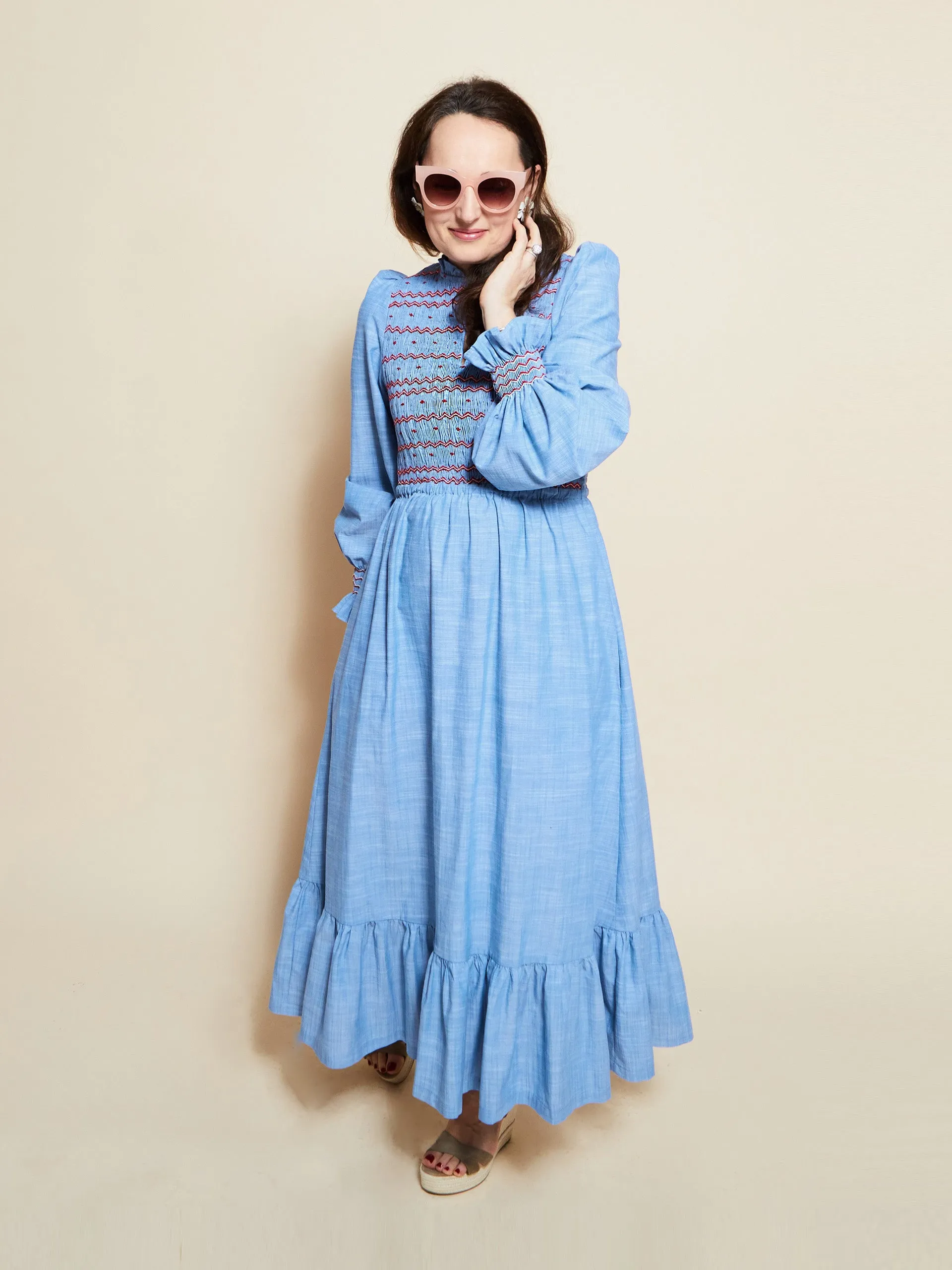 Emmeline pankhurst dress chambray with strawberries and cream hand smocking