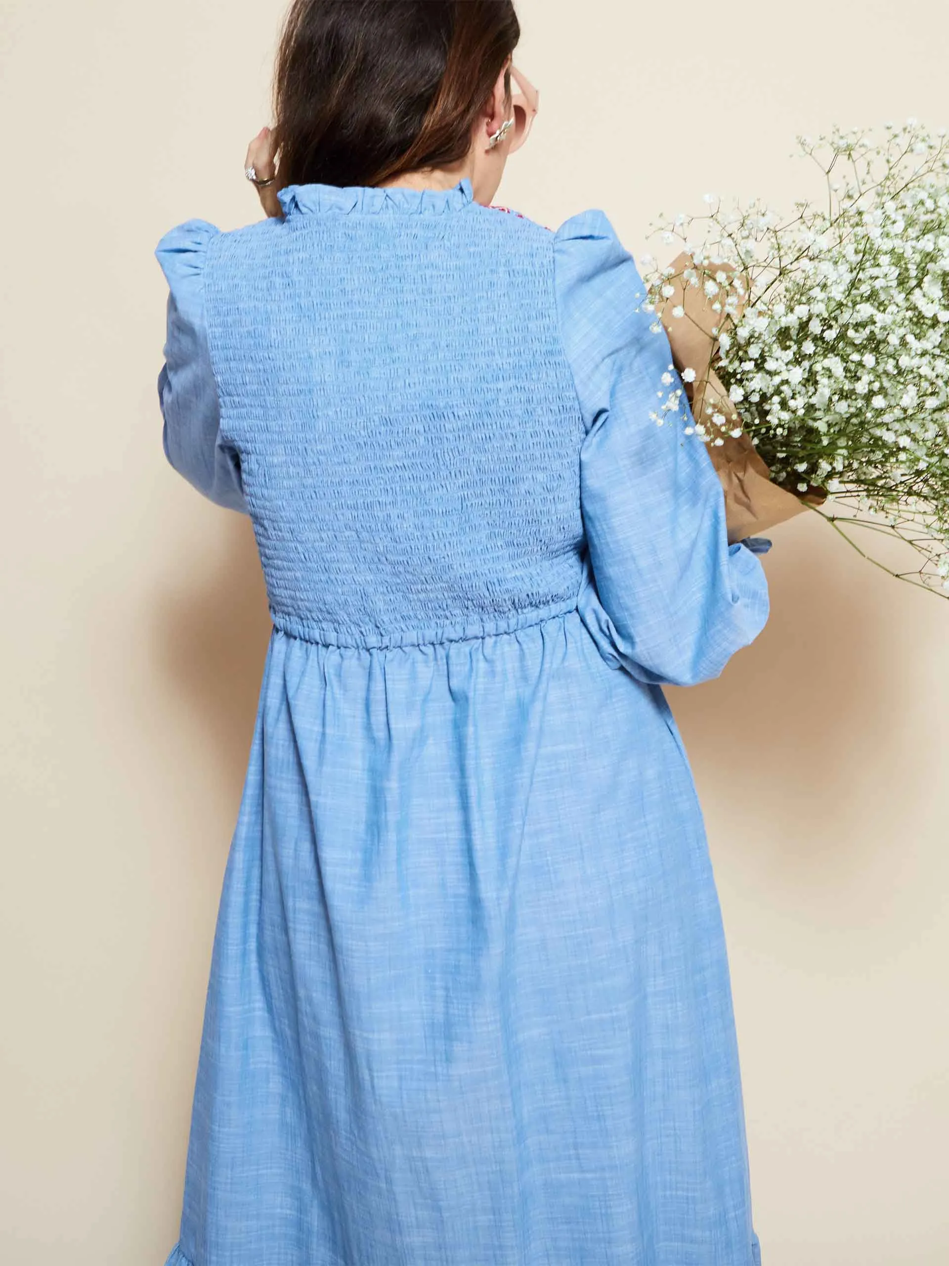 Emmeline pankhurst dress chambray with strawberries and cream hand smocking