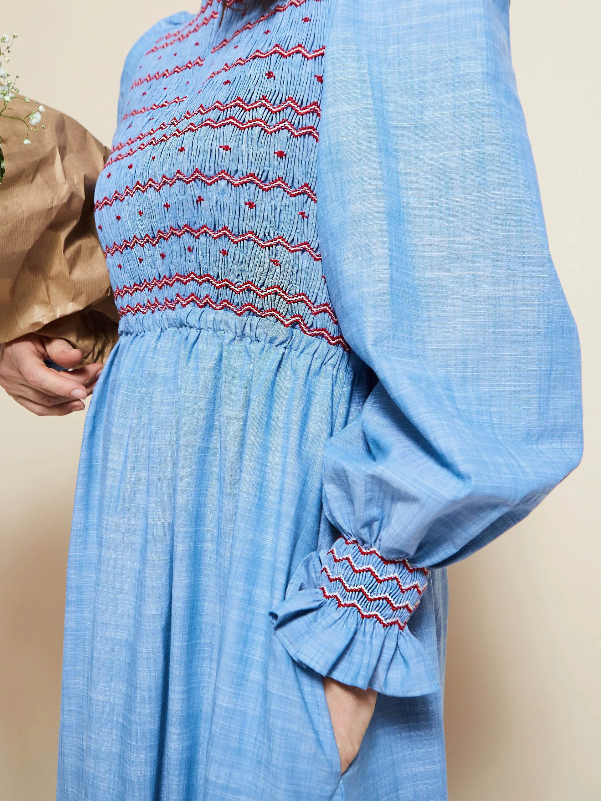 Emmeline pankhurst dress chambray with strawberries and cream hand smocking