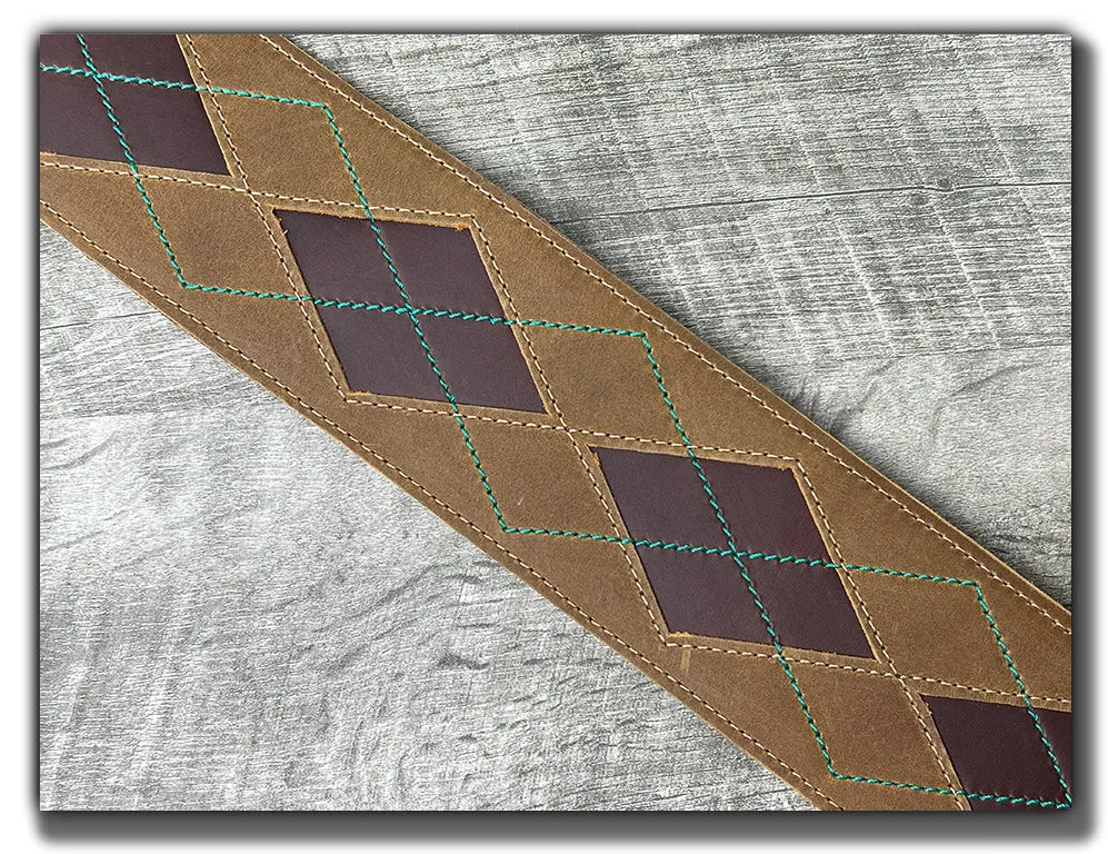 Everett - Tobacco/Aqua Argyle Leather Guitar Strap