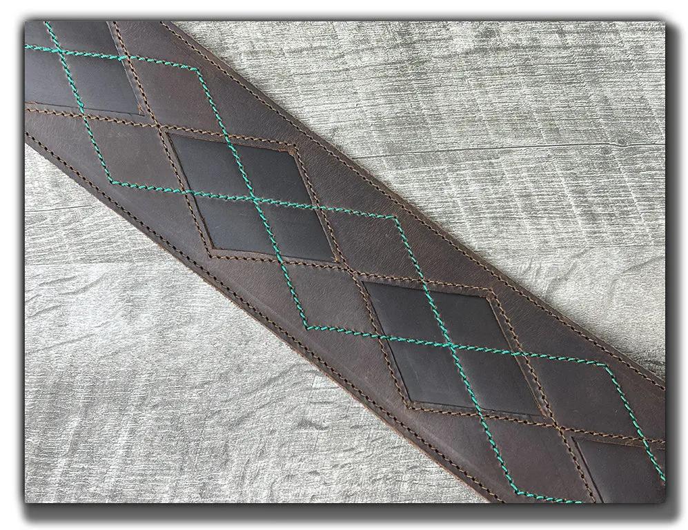 Everett - Whiskey Brown/Aqua Argyle Leather Guitar Strap