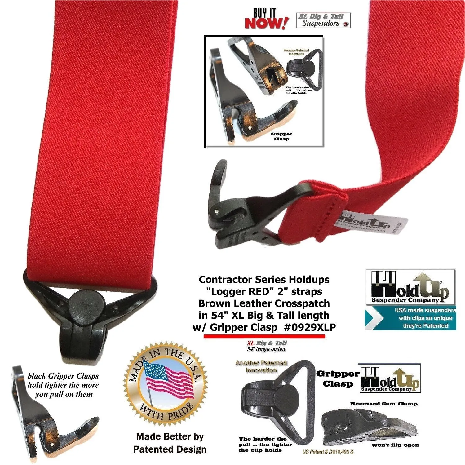 Extra Long XL Logger RED Holdup work Suspenders With USA Patented Gripper Clasps