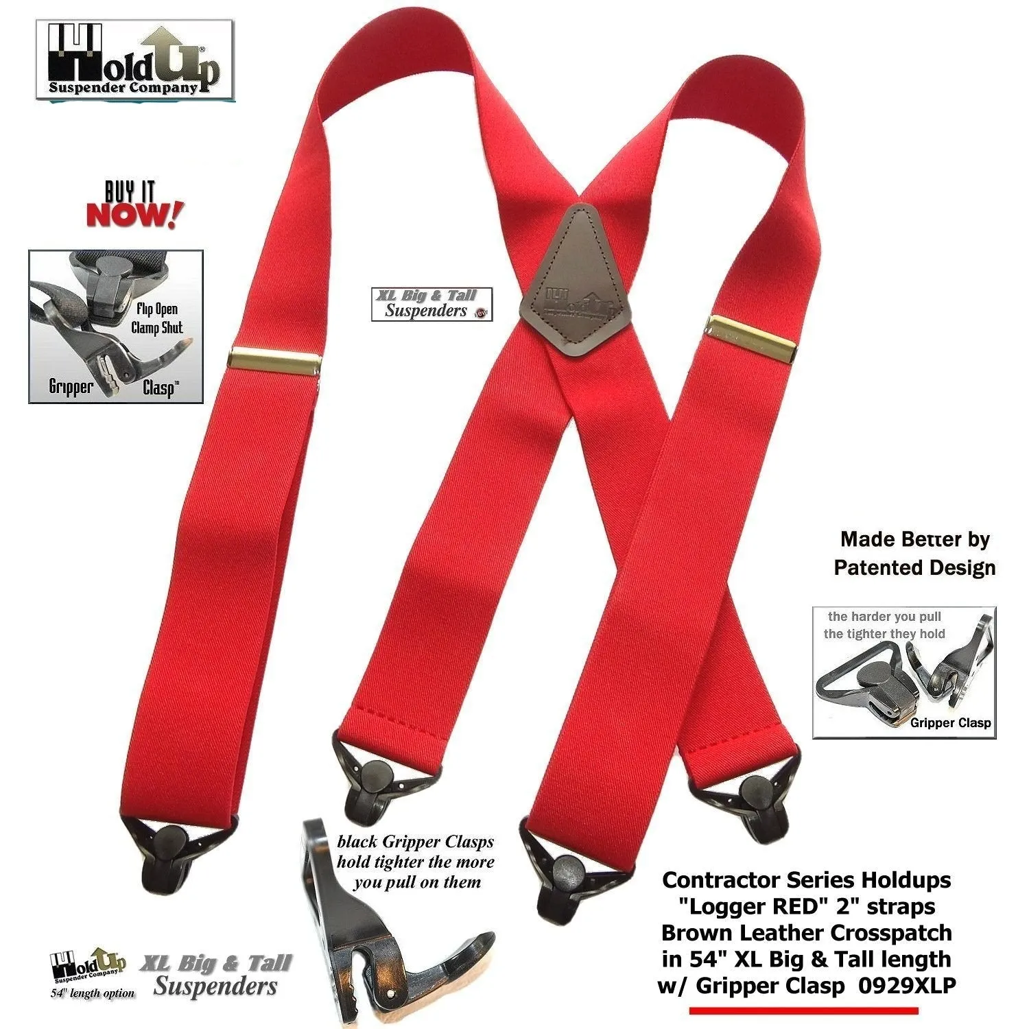 Extra Long XL Logger RED Holdup work Suspenders With USA Patented Gripper Clasps