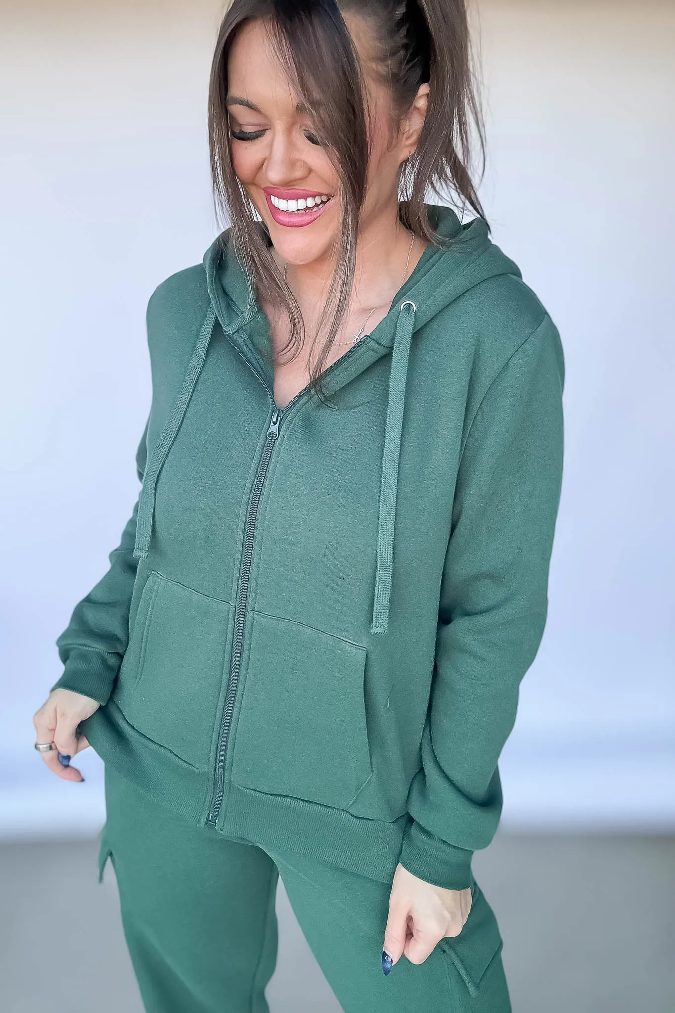 Fleece Forest Green Zipper Jacket Hoodie