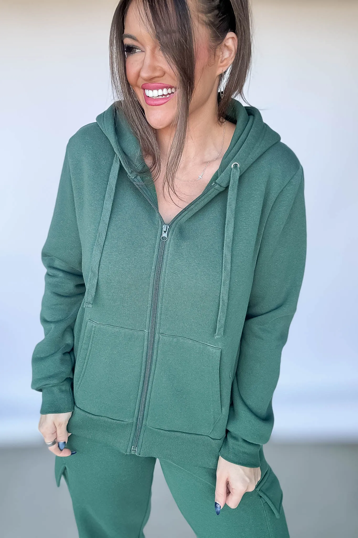 Fleece Forest Green Zipper Jacket Hoodie