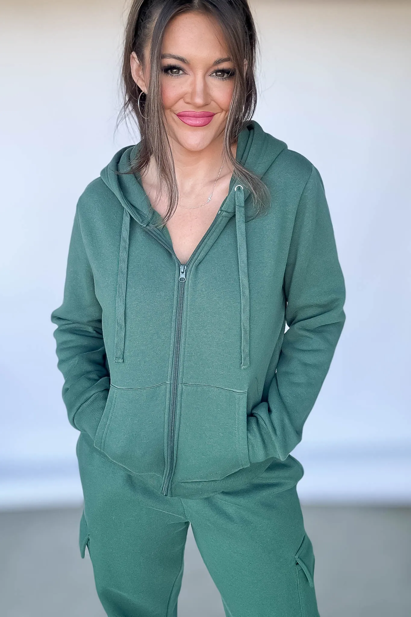 Fleece Forest Green Zipper Jacket Hoodie