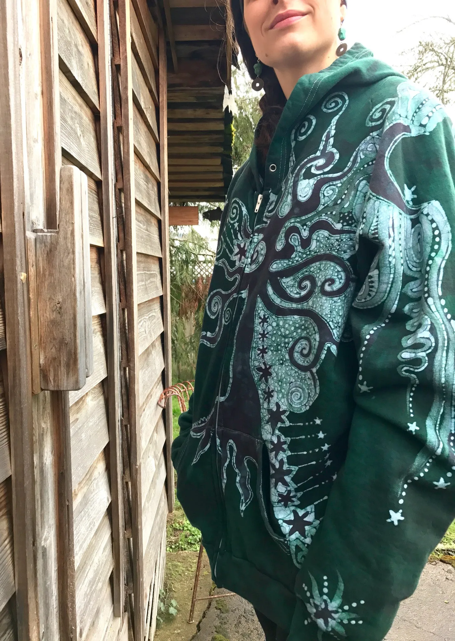 Forest Green Owl Hideaway Batik Hoodie Jacket - 2X