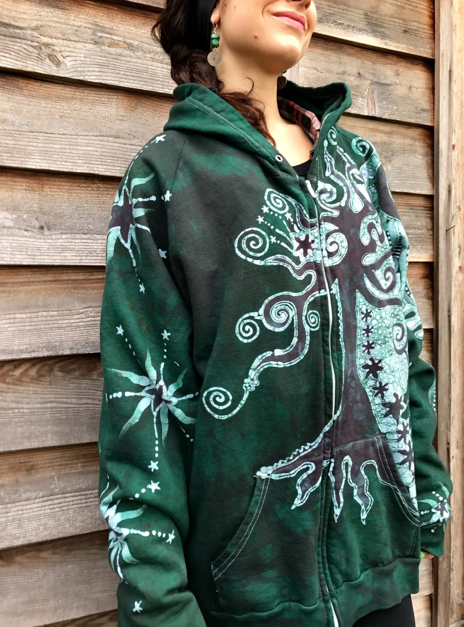 Forest Green Owl Hideaway Batik Hoodie Jacket - 2X