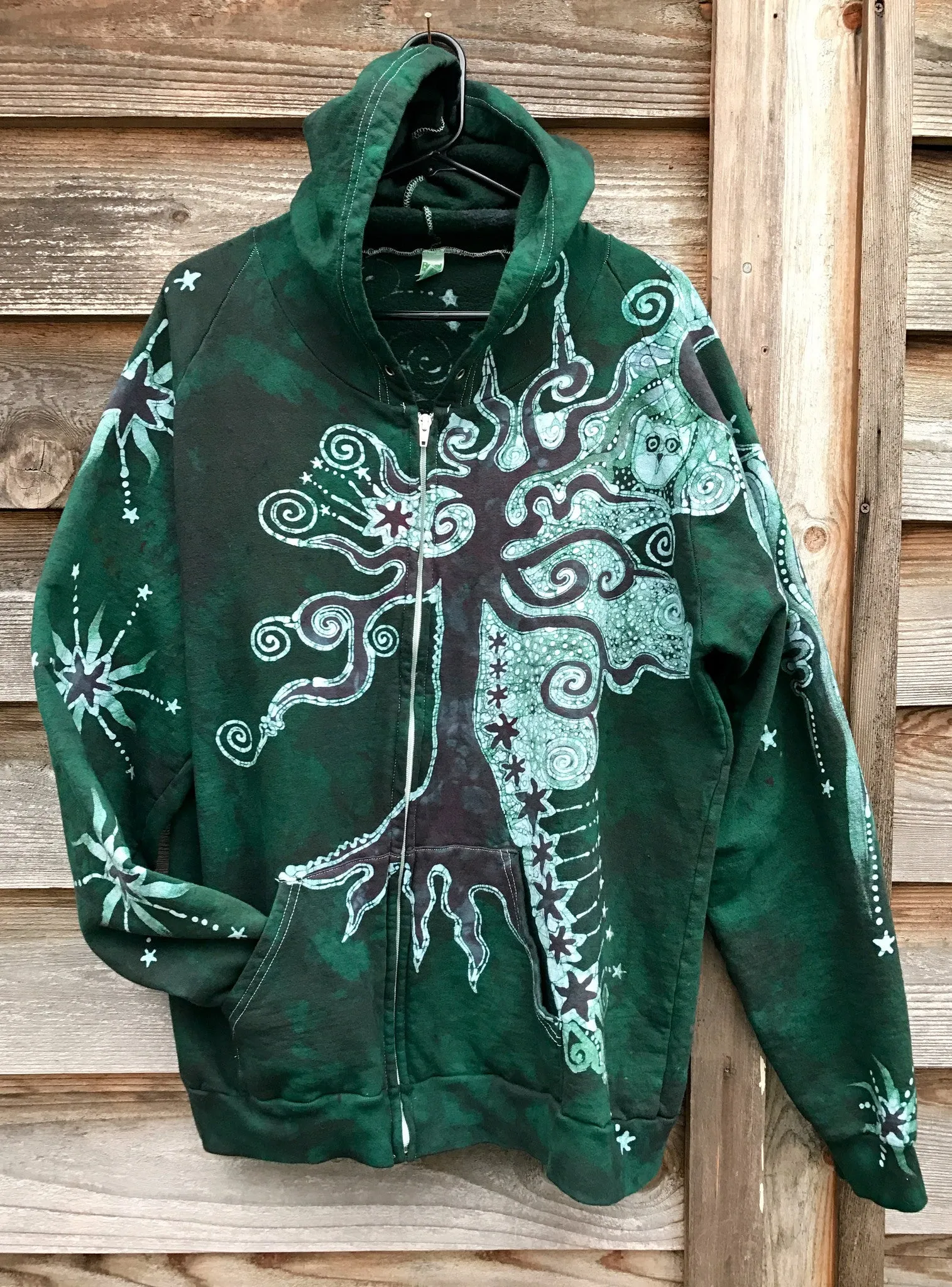 Forest Green Owl Hideaway Batik Hoodie Jacket - 2X