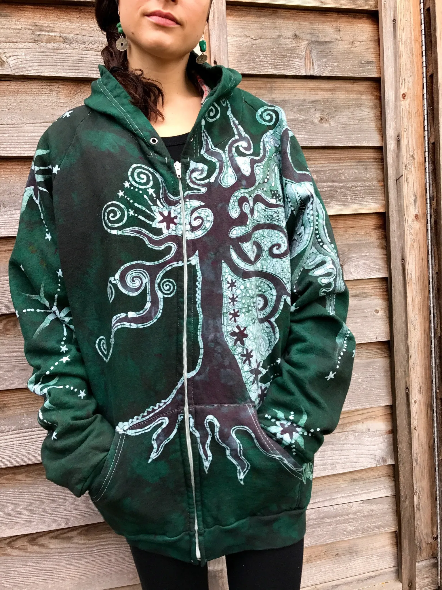 Forest Green Owl Hideaway Batik Hoodie Jacket - 2X