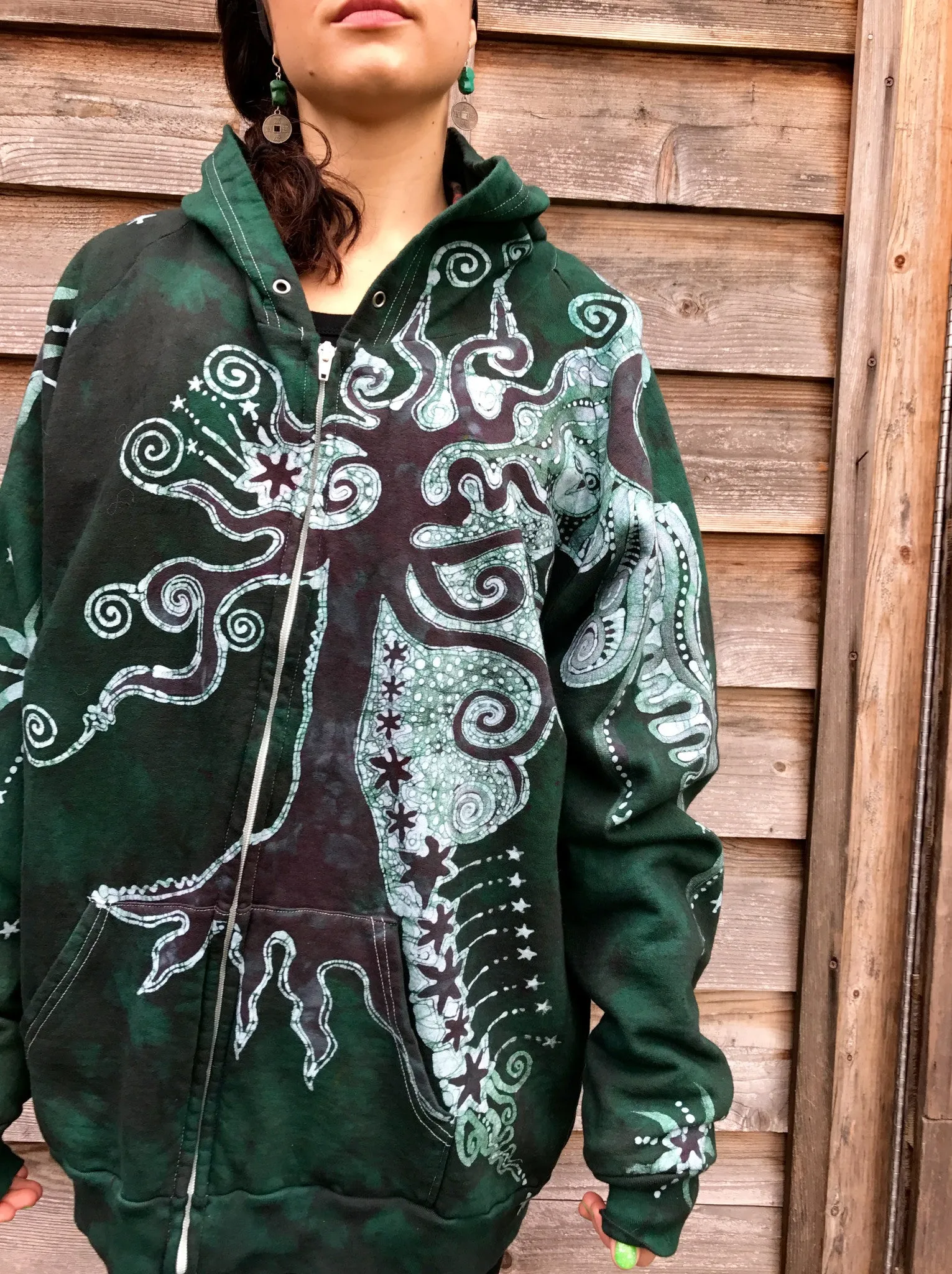 Forest Green Owl Hideaway Batik Hoodie Jacket - 2X