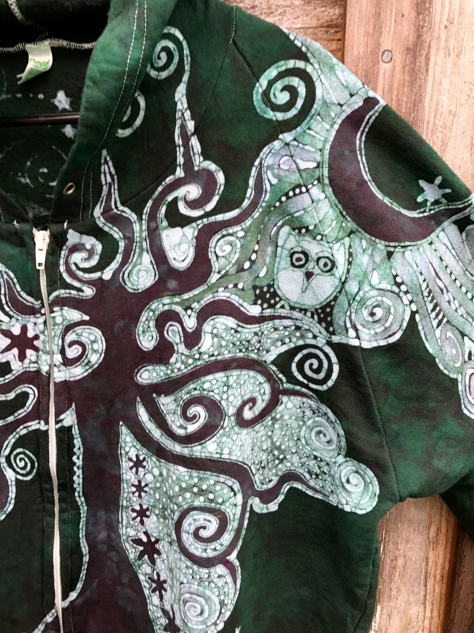 Forest Green Owl Hideaway Batik Hoodie Jacket - 2X