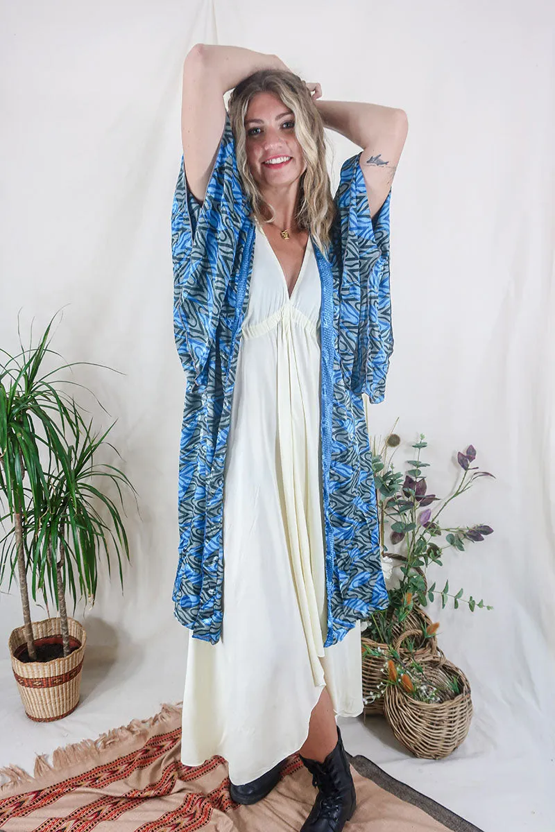 Gemini Kimono - Blue Lagoon Waves - Vintage Indian Sari - Size M/L