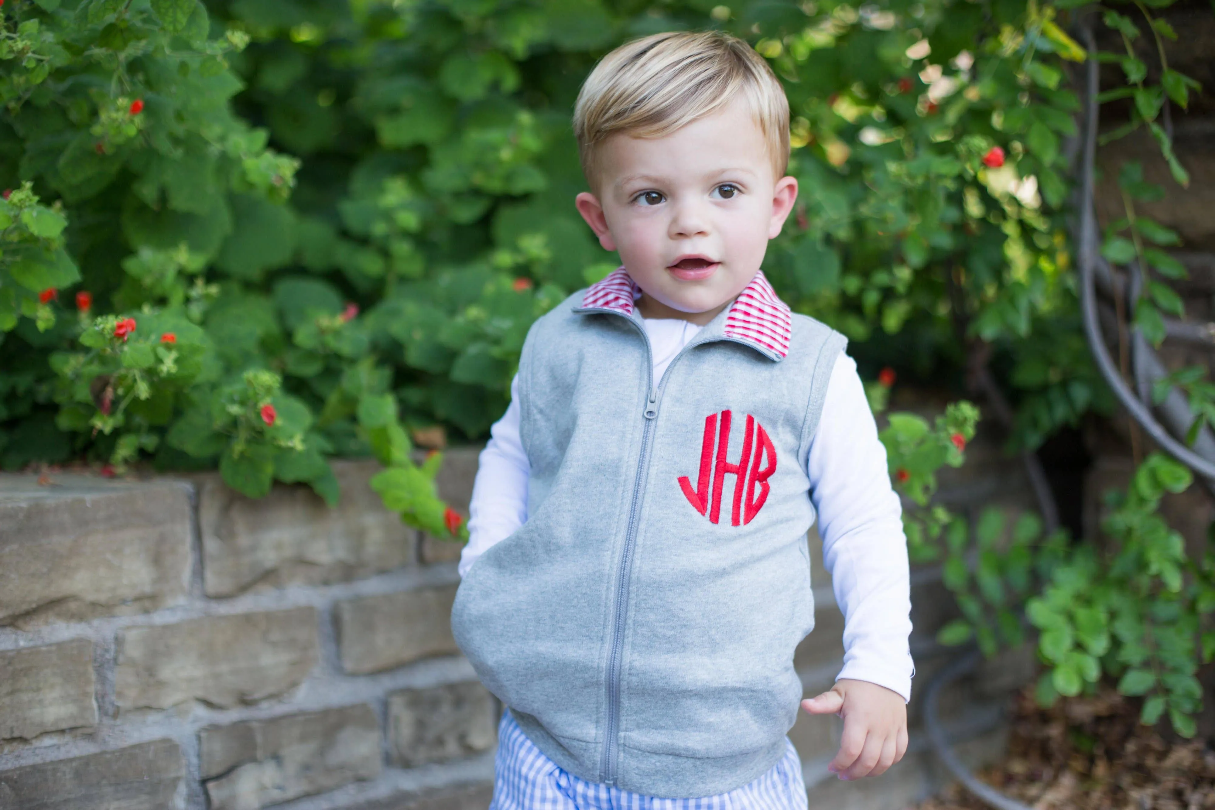 Gingham Accent Vest - Grey with Red