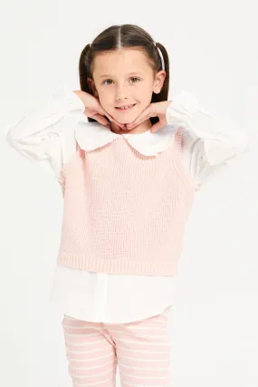 Girls Pink And White Pullover With Shirt