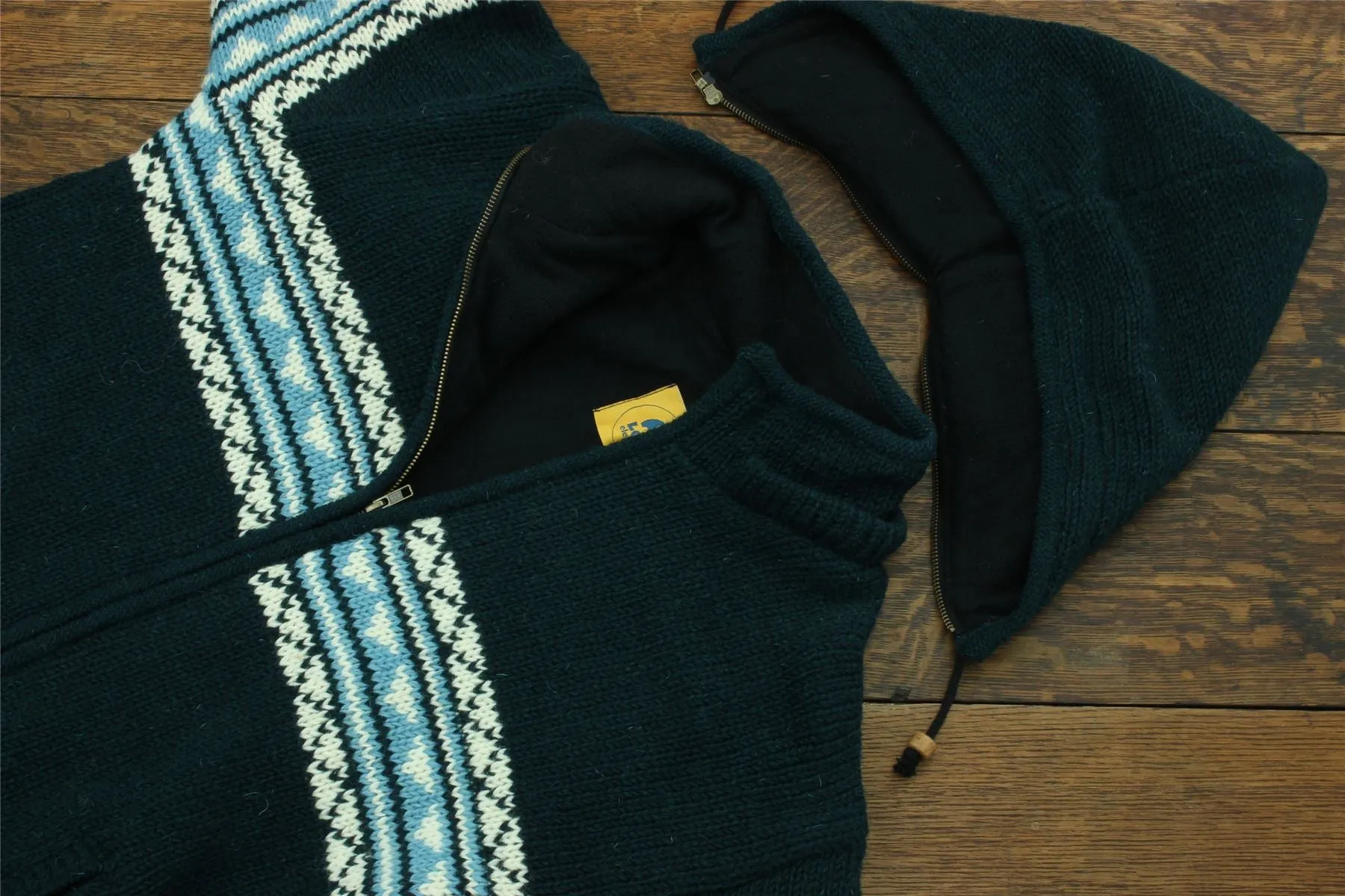 Hand Knitted Wool Hooded Jacket Cardigan - Fairisle Navy